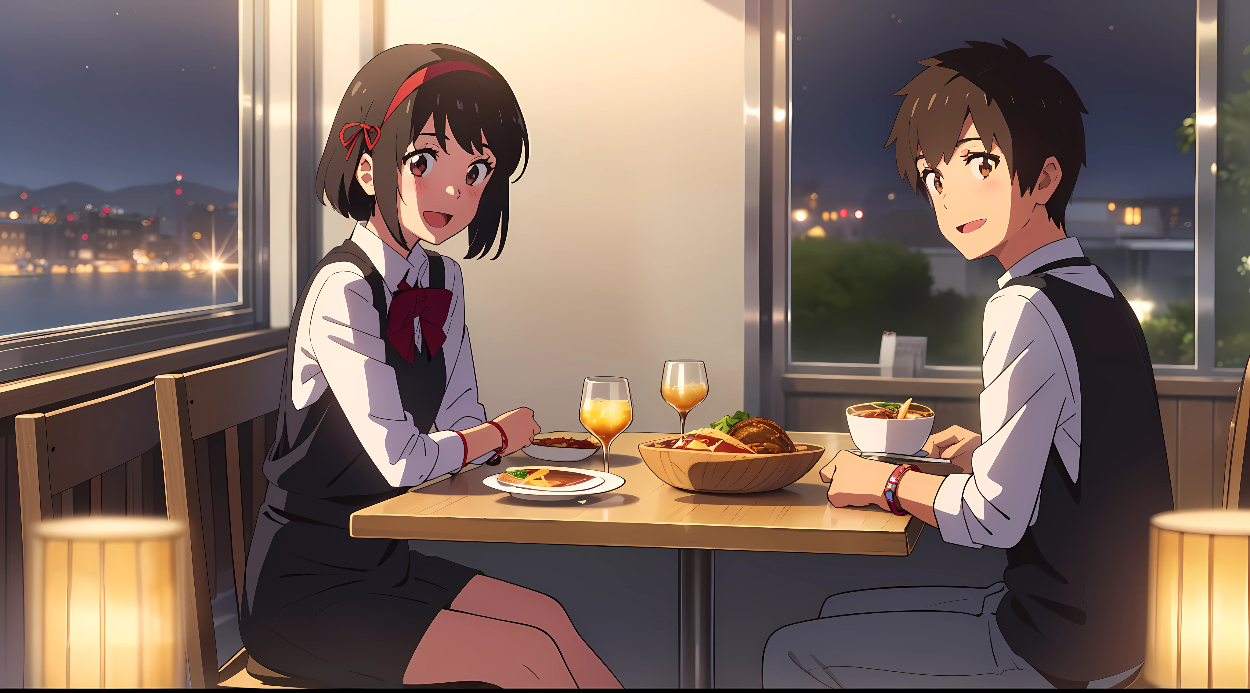 shinkai makoto, kimi no na wa., 1girl, 1boy, bangs, black hair, brown eyes, blush, Suspender Clothes, red bow, red headband, red ribbon, short hair, looking at the viewer, cute, smile, open mouth, :D, couple, sitting, long sleeves, bracelet, night, dynamic lights, indoors, cafe, resto, foods, drinks, table and chair, tray, tray in one hand