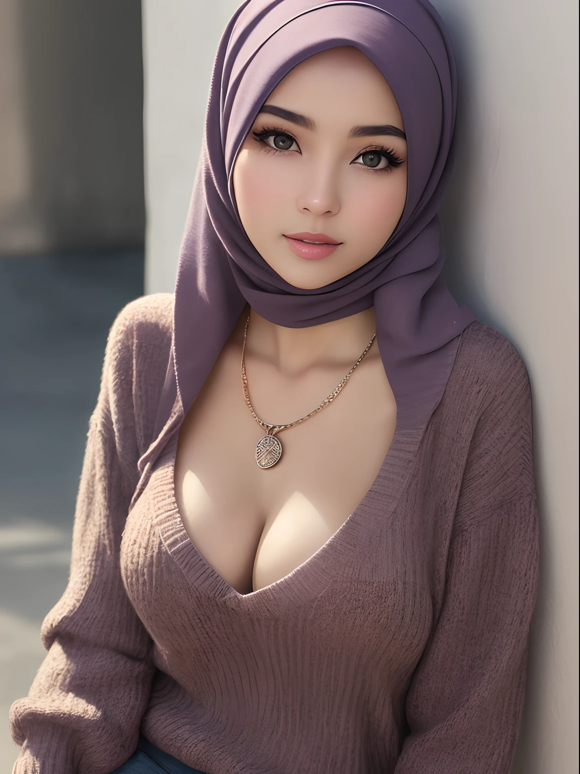 (Best quality, 8k, 32k, Masterpiece, UHD:1.2),Photo of Pretty hijab woman, large breasts, upper body, face focus,oversized_sweater, necklace, simple background, from above, looking at viewer,