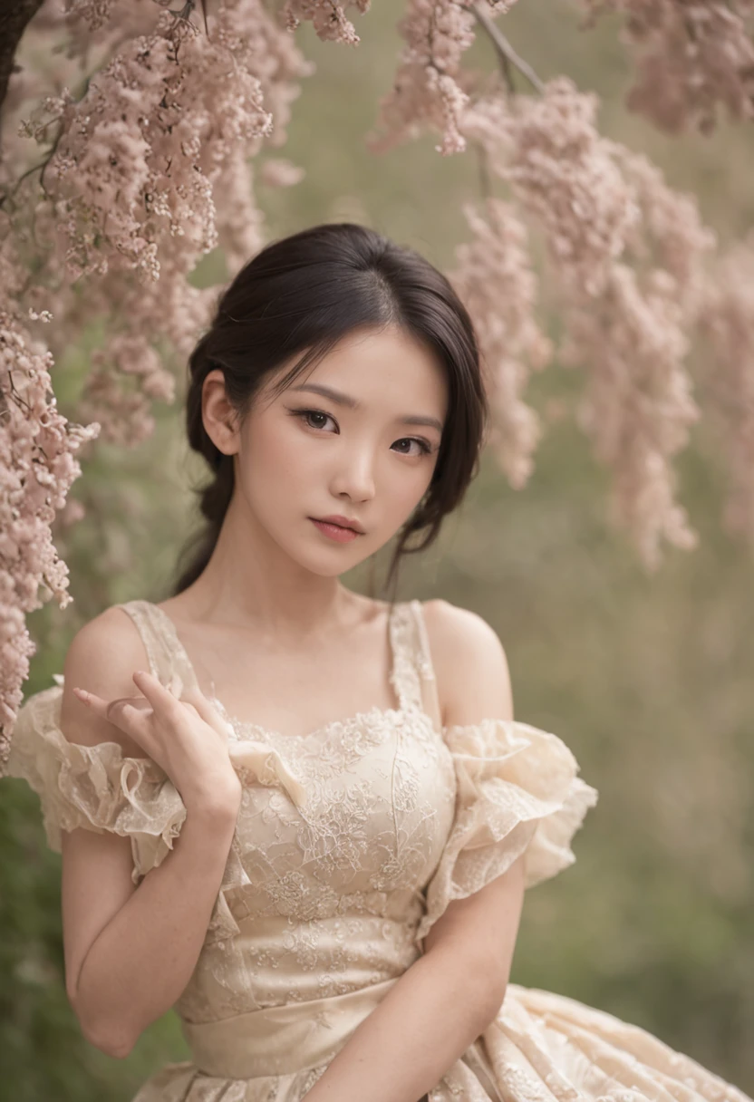 best quality, masterpiece, highres, (exquisite body:1.5),gorgeous face, (milky skin:1.3), intricate details, high resolution, wallpaper, 1girl, solo, dress, hair ornament, flowers, long hair, black hair, smile, jewelry, short sleeves, hand up, big eyes, sexy ass, behind, schoolgirl uniform, mini skirt, natural pose, falling petals, indoor, fanning, lantern, 16K, HDR, depth field, (film grain:1.1), boken, golden hour, (lens flare), vignette, rainbowing, (color grading:1.5)