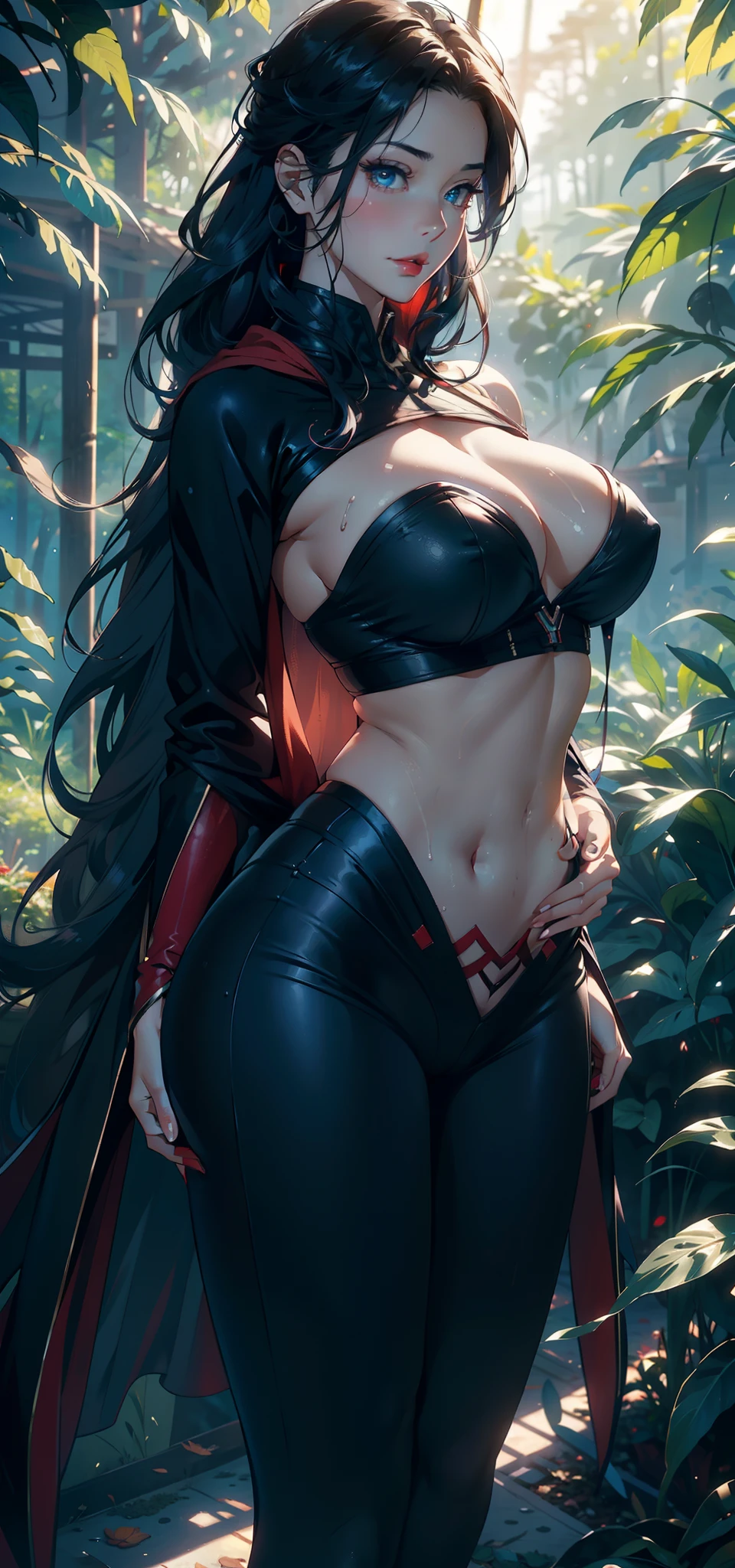 1female，35yo，熟妇，Slim，Tall，gigantic cleavage breasts，Big breasts Thin waist，slenderlegs，Pornographic exposure， 独奏，（Background with：ln the forest，the rainforest，in summer） She has long blue hair，standing on your feet，Sweat profusely，drenched all over the body，seen from the front， hair straight， mostly cloudy sky，（（（tmasterpiece），（Very detailed CG unity 8K wallpaper），best qualtiy，cinmatic lighting，detailed back ground，beatiful detailed eyes，Bright pupils，blue color eyes，Redlip（Very fine and beautiful），（Beautiful and detailed eye description），ultra - detailed，tmasterpiece，）），facing at camera，A high resolution，ultra - detailed），revealing breasts，Bare genitalia， Lower body elevation，Raised sexy，Camel toes，Flushed complexion，Open-mouthed，frontage，Supergirl（Wearing：White cloak，black colored leggings，Red loose shirt），