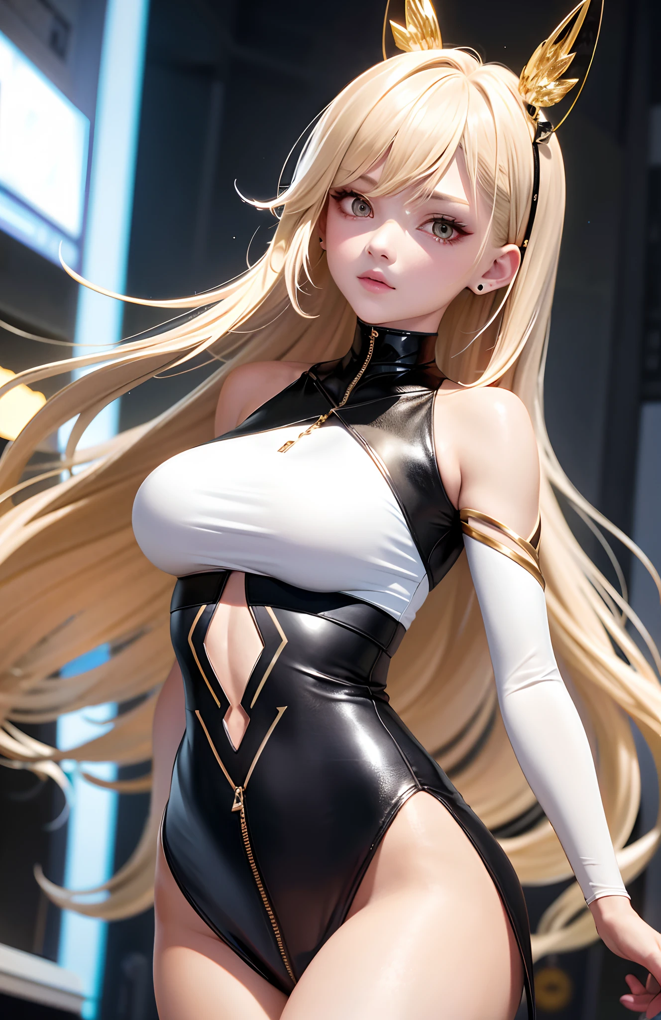 8k, highres, ultra detailed, (masterpiece:1.4), best quality, symmetrical body, a beautiful 18 year old student, latex strapless crop top, latex leggins, full body shot, cute, solo, long hair, deep blonde hair, side ponytail hairstyle, blue eyes, glow effect, finely eye, detailed face, looking at viewer, smilling at viewer, seductive, huge breasts, sun, rim light, night club, (sexy pose:1.4)