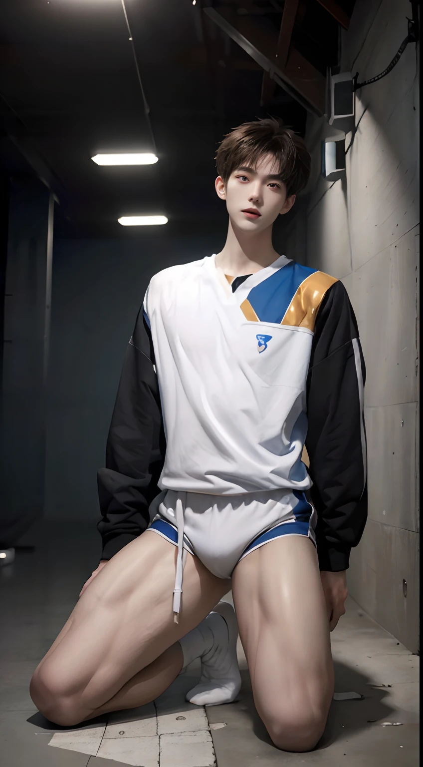 (((Best quality))),(((Ultra detailed))),(((Masterpiece))),(Cute tall Shota:2),The height of a volleyball player,solo person,(full bodyesbian:3),(Stay away from the lens:3),Expose your legs,(revealing the whole body:2),(Frontal heads-up view:1.2),malefocus,(looking at viewert),16 yaers old,(Tall:3),(Tall guy:2),Super tall,(Height 300 cm:2),Excellent body proportions,muscular physique,(1.The shoulders are 5 times wider:1.2),(Slender straight legs:2.5),Slender feet,small heads,musculous,(The face of the animated male protagonist),Pure face,(Very detailed beautiful face and eyes:2),(Big bright eyes:1.2),Sharp eyeliner,Clear and beautiful face,,exhilarated,(Happy smile:2),short detailed hair,(Correct facial features),(tilts your head:1.5),(Men's soccer jersey:2),Long white socks,(Muscle firming:2),Strong,(Wide shoulders and narrow waist:2.2),Sports men's socks,Detailed muscle texture,Highlights muscle structure,At home,(He was kneeling on the ground:4),(full length shoot),ultra-realistic realism, (Photorealistic detail), Incredible accuracy, lifelike textures, masterful technique, Jaw-dropping precision, artistic dedication,(anatomy correct),Good lighting,exquisite detailing,Best quality,stunning masterpiece,CG,(Colored screen)