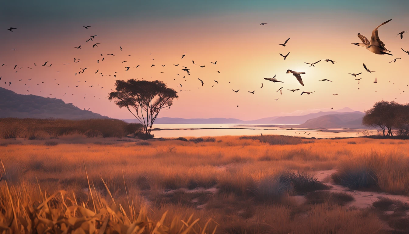 uma paisagem serena ao amanhece, soft golden tones painting the horizon as the birds sing