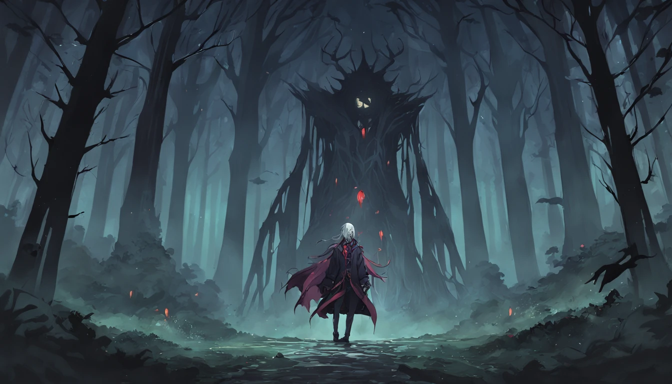 There is a magician in a forest with a full moon in the background, gothic forest, Fundo escuro da floresta, Castlevania Inspirado, Dark forest scenery, Fundo sombrio da floresta, fundo da floresta, fundo escuro da floresta pastel, inside an epic gothic forest, Castlevania, gothic forest, Epic Forest, Castelvânia, Dracula's Forest, Gothic forest in the background, fundo medieval da floresta, dark cemetery, Gothic Cemetery, ((cemetery)), ((mago)), (Pixel Art)
