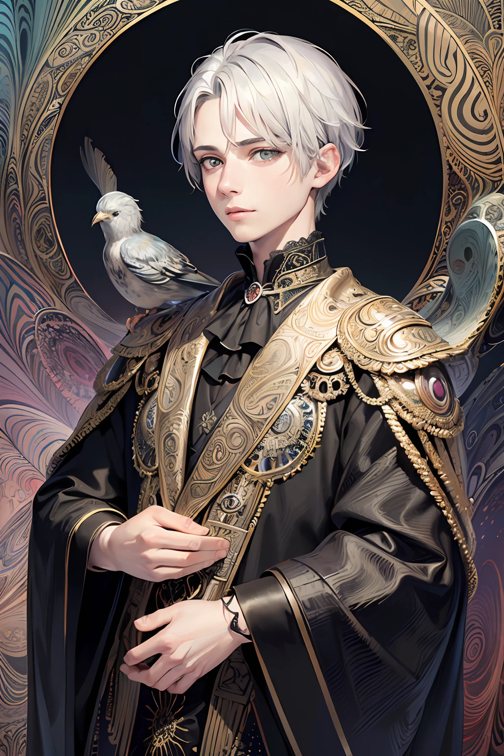 realistic, (masterpiece, top quality, best quality, official art, beautiful and aesthetic:1.2),
extremely detailed,fractal art,colorful,highest detailed,zentangle,(abstract background:1.5)
(1boy:1.3), (birds),silver hair, bright eyes,hair slicked back, short hair, black robe,