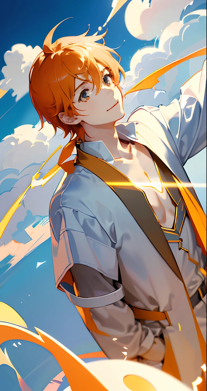 tmasterpiece,best qualtiy,cinematic Film still from,Happy 1 boy floating in the sky,Cloud Boy,clouds,(closeup cleavage:1.1),brightly,cheerfulness,intriguing,Orange light,(bauhause,shape,lineworks,abstracted:1.1)