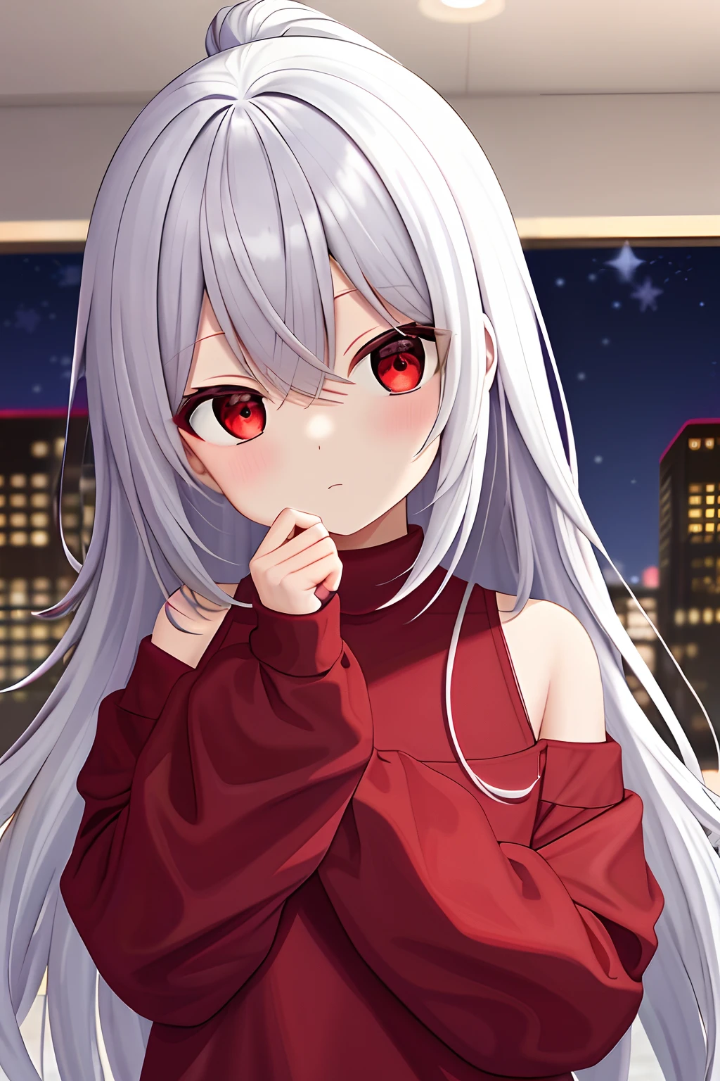 1girll,cabelos preto e longos,Red eyes,Petite,Thin,Sweatshirt,at winter season,Study room,the night,Depth of field effect,The upper part of the body,Delicate depiction,extreme hight detail