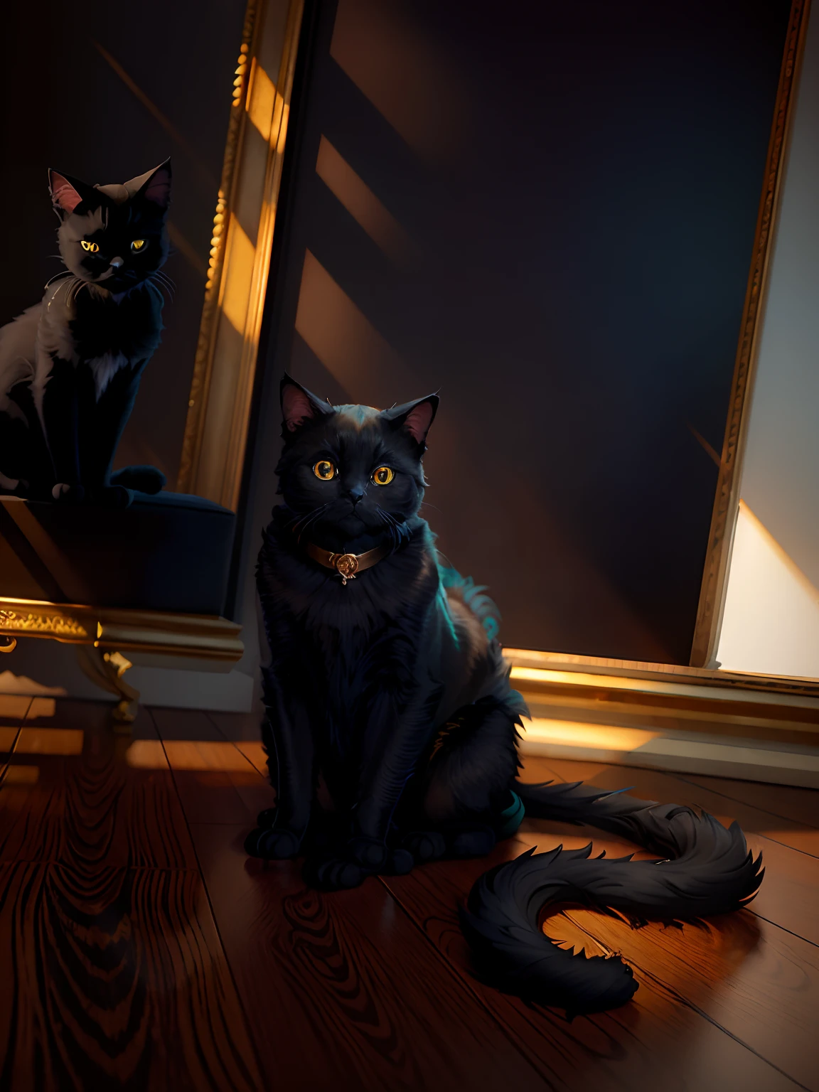 ((A black cat)),,Full shot,Fluffy hair, Anthropomorphic expressions, Rich colors, Exquisite details, Masterpiece, Realistic,artsation, CG, Realistic, illusory engine , Real light and shadow, Beautiful rich colors, Amazing details, High quality,A pair of ears