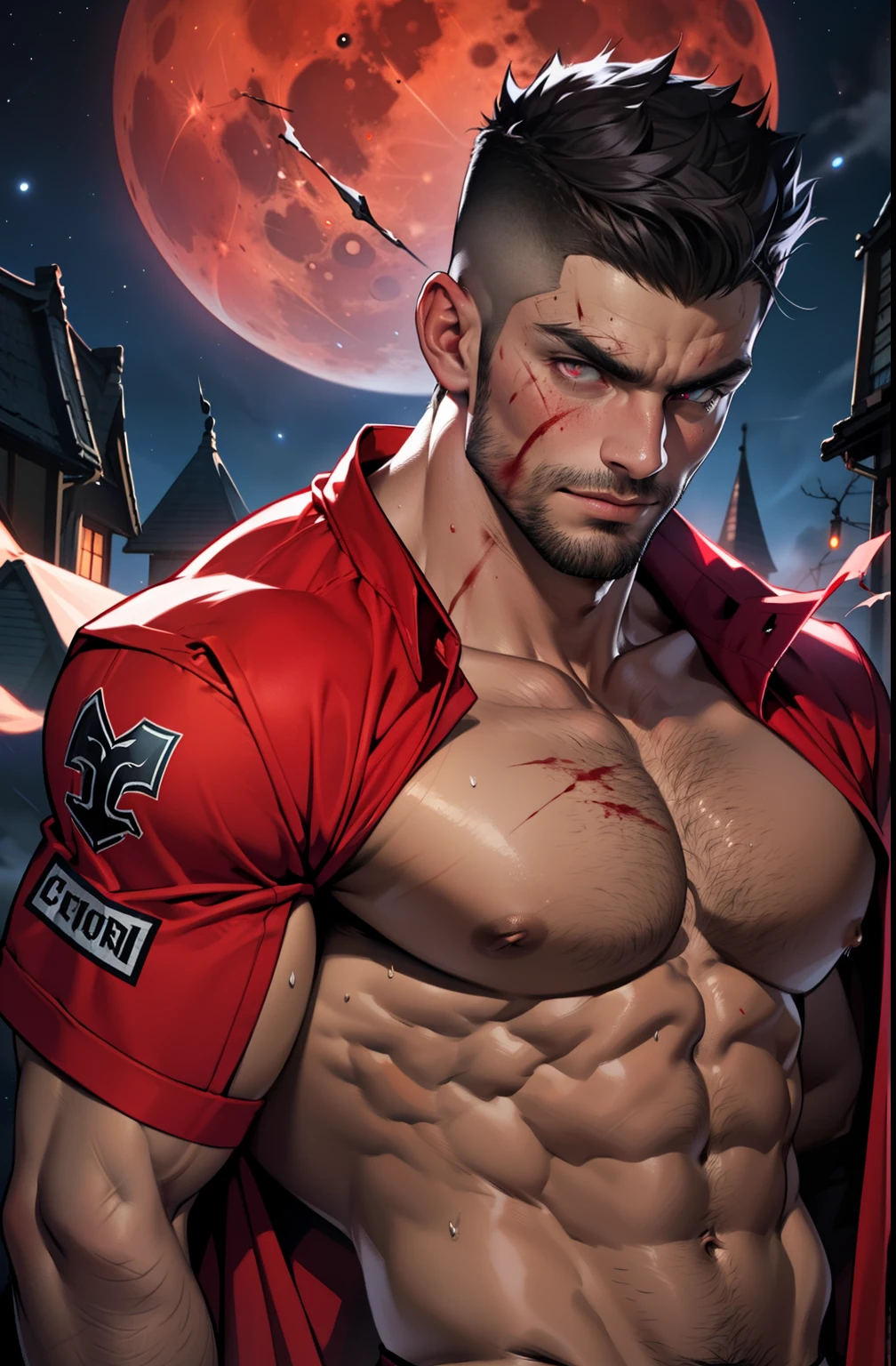 A naked muscle male, mature male, footballer body type, sorcerer, sorcerer clothing, blood moon, red blood moon, magic power, Handsome face，eyes with brightness，The man looks confident and determined, crew cut, Stars dot the sky, night sky looks sinister and dangerous, blood red night sky, evil-looking but attractive man