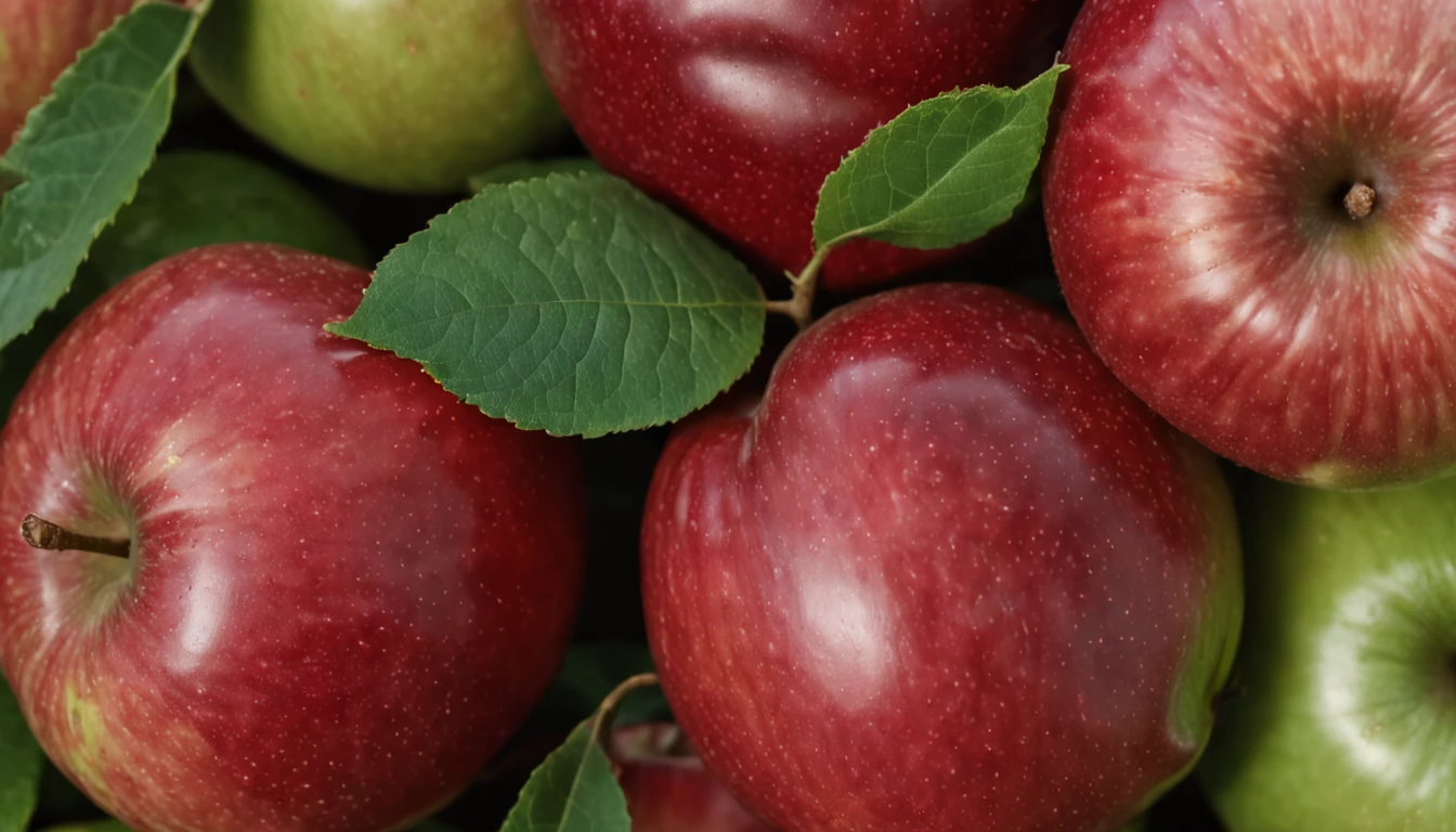 Highly Detailed Apples, A round, shiny fruit with a smooth, firm-to-the-touch skin. Its color varies between shades of green and red, depending on the variety. When looking closely, it is possible to notice small spots and a slight natural shine on the surface, 4k.