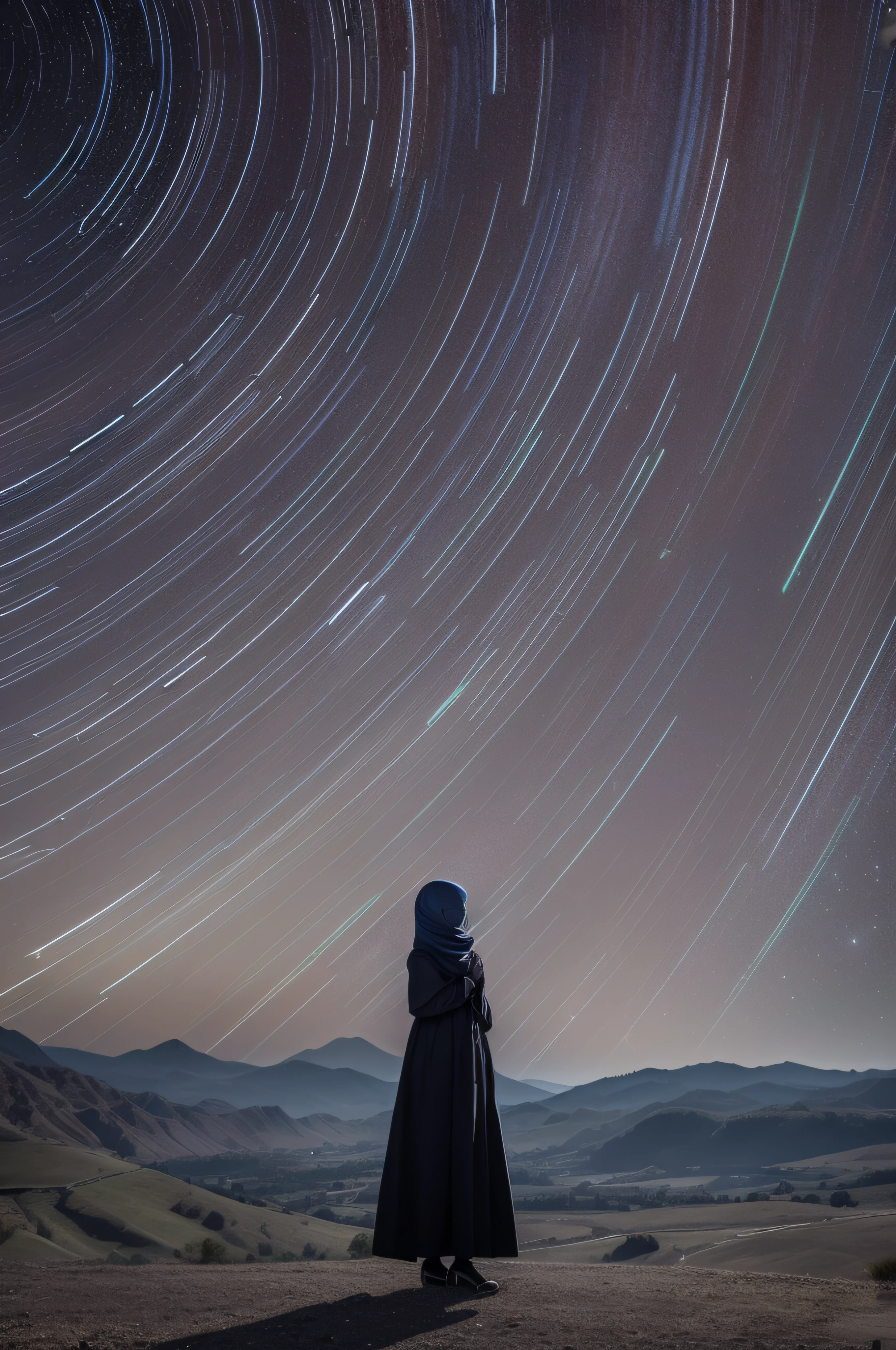 ((Best Quality, 8K, Masterpiece: 1.3)), landscape, morning shoot, star trail, slow speed, standing young girl with black hijab, look at the stars, amazing scenery, hundreds of stars forming a circle.