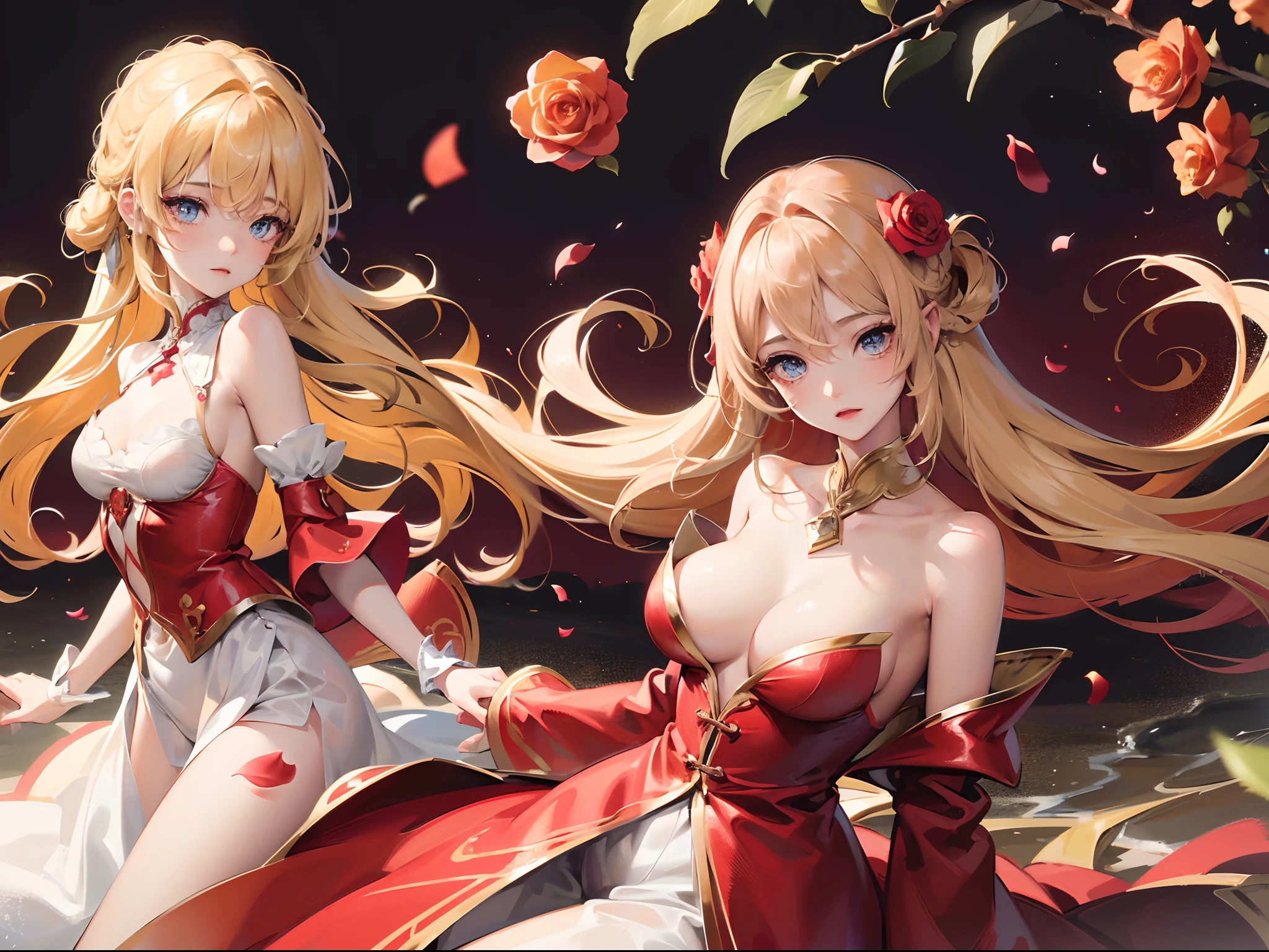 Girl with long, light blonde hair and cute, shy rose in her hair. She is wearing a scarlet outfit with wings and adorned with amber jewels. Her blue eyes are captivating. High quality and high resolution result in stunningly beautiful images. The overall aesthetic is delicate and enhanced with floral petals.