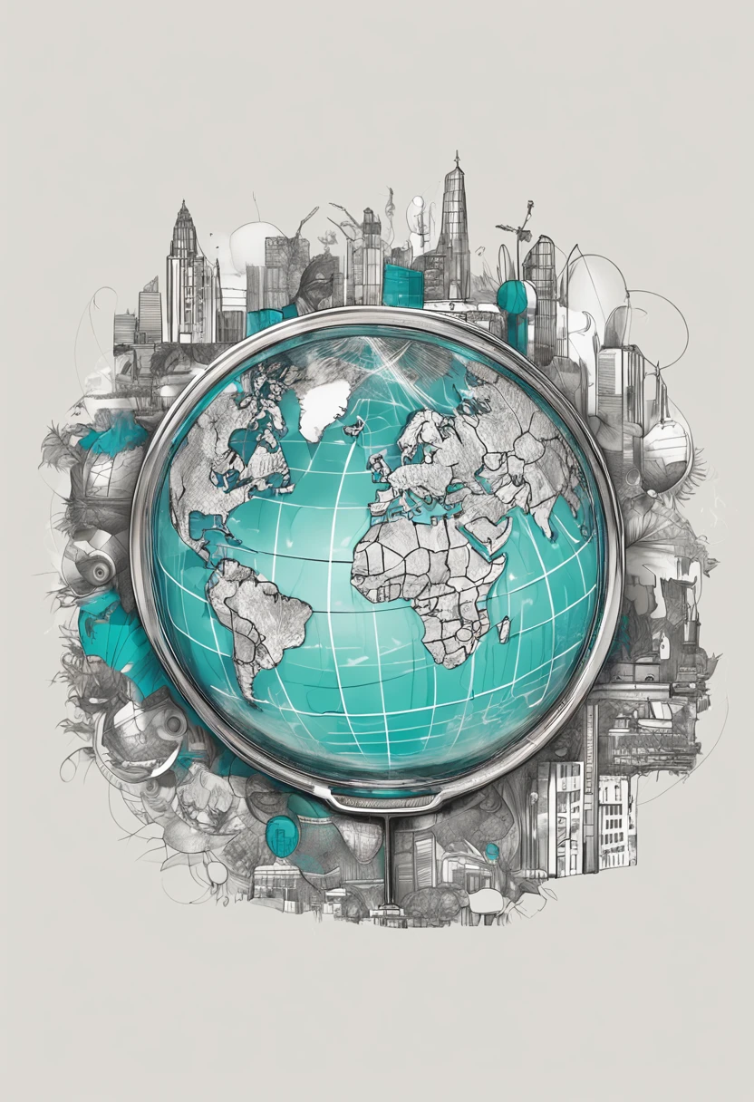 A globe seen from above, with an intricately detailed glass magnifying glass positioned on top of it. The magnifying glass focuses on various parts of the world, connecting countries and regions with thin lines. Both the globe and the magnifying glass have a vibrant glow. The illustration is digital, with a touch of abstraction, using a palette of deep blues, subtle greens, and occasional touches of gray and white to enhance the contrast.