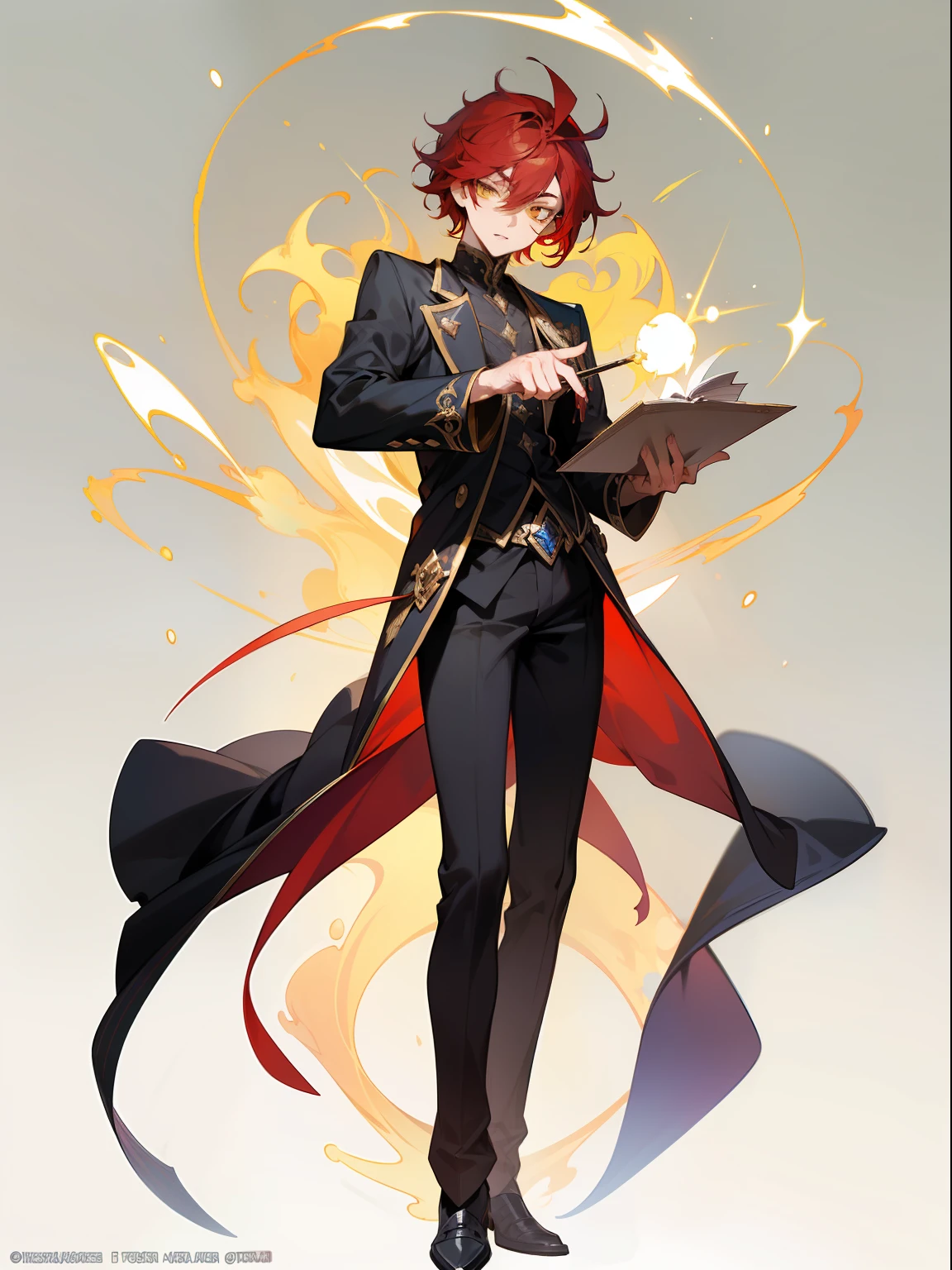 (masterpiece, best quality), intricate details, 8k, sharp focus, (bokeh) (best quality) (detailed skin:1.3) (intricate details) (8k) (detailed eyes) (anime) male character, bob hair, asymmetric hair, red hair, white highlights, hair hairlights, yellow eyes, male, short boy, anime boy, frontage, lovely boy, perfect face, detailed eyes, skinny, bold colours, sharp eyes, male, young man, idol, facing camera, posing, magician, magic, sorcerer, cards, arcana, sage, mysterious, simple background, splash art, tarot, splash art, gacha splash art, full body illustration, white background, character sheet, character reference
