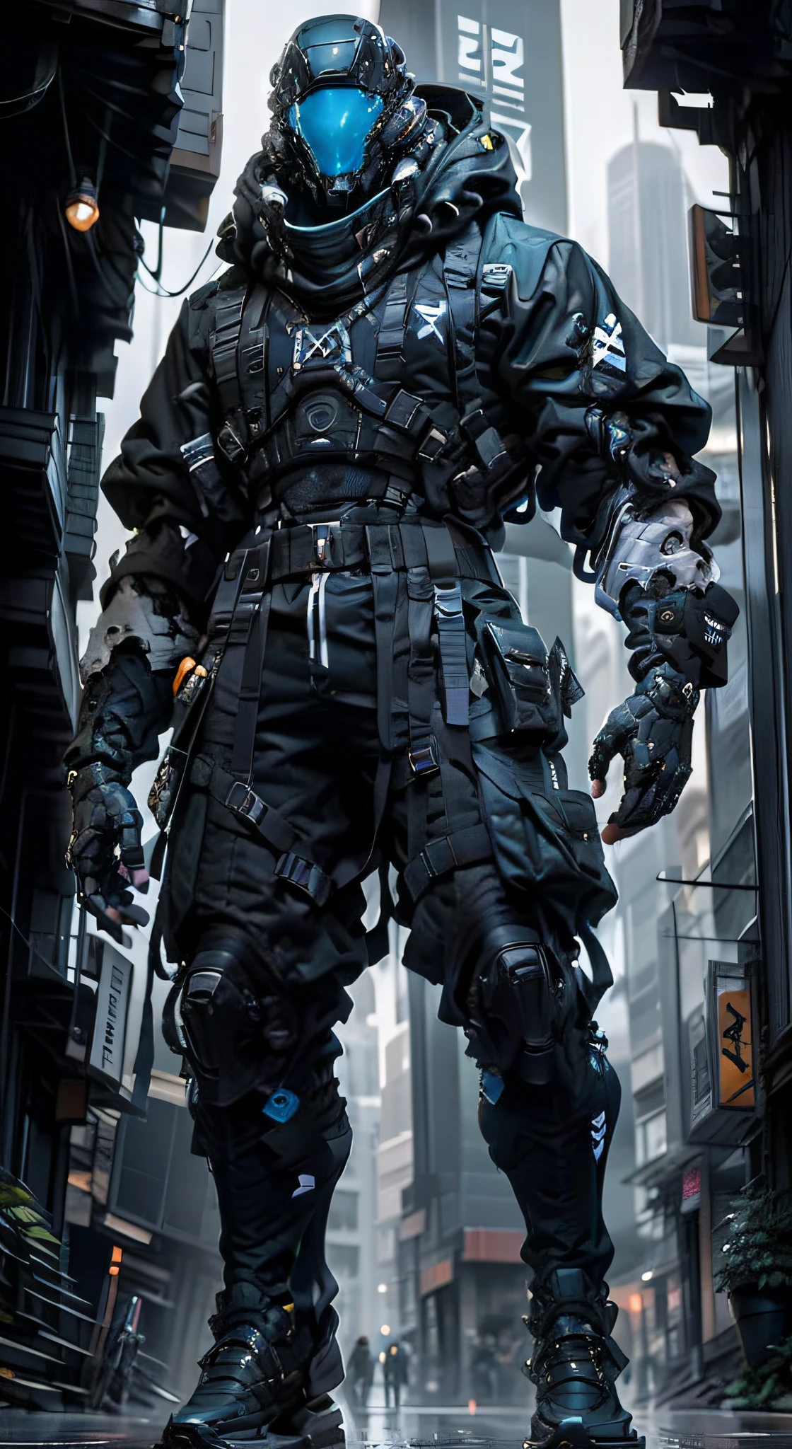 1man, a futuristic-looking man with a fantastic ((square cyberhelmet head with blue lights)), wearing a pair of ((iron gray tactical gloves)), dressed in a ((blue techwear jacket)) and a ((black tactical trousers)), standing in cyberpunk city, face focus, UHD, anatomically correct, best quality, masterpiece, full body panel