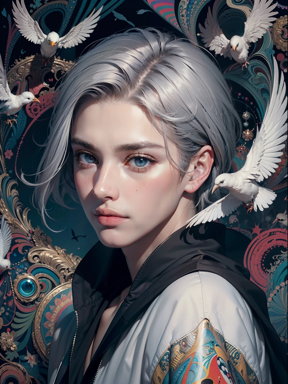 realistic, (masterpiece, top quality, best quality, official art, beautiful and aesthetic:1.2), extremely detailed,fractal art,colorful,highest detailed,zentangle,(abstract background:1.5) (1boy:1.3), (birds),silver hair, bright eyes,hair slicked back, short hair, black robe,