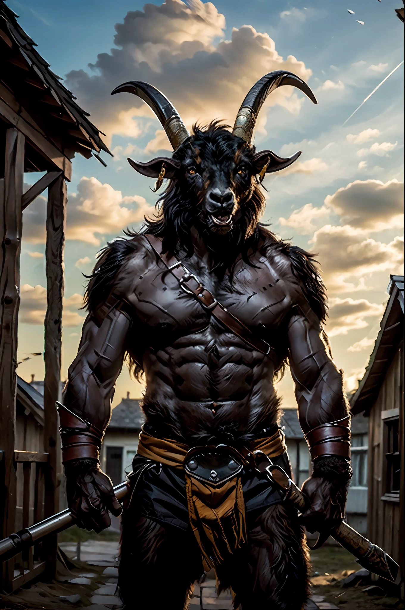 Best quality, Masterpiece, Ultra-high resolution,A fierce and strong one（Anthropomorphic goats ） Savage, Mace，Stand in front of a wooden house，8K, Natural light