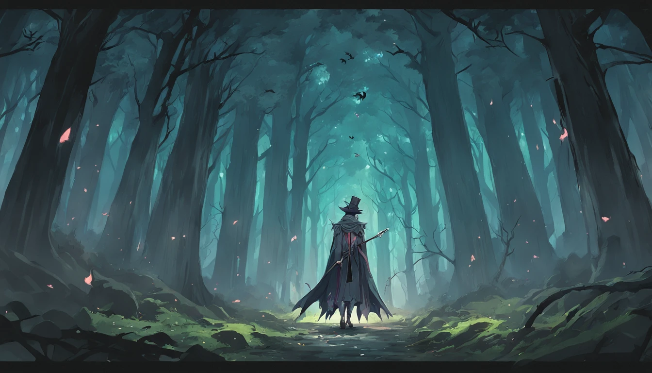 There is a magician in a forest with a full moon in the background, gothic forest, fundo escuro do castelo, Castlevania Inspirado, Dark forest scenery, Fundo sombrio da floresta, fundo da floresta, fundo escuro da floresta pastel, inside an epic gothic forest, Castlevania, gothic forest, Epic Forest, Castelvânia, Dracula's Forest, Gothic forest in the background, fundo medieval da floresta, (Pixel Art)