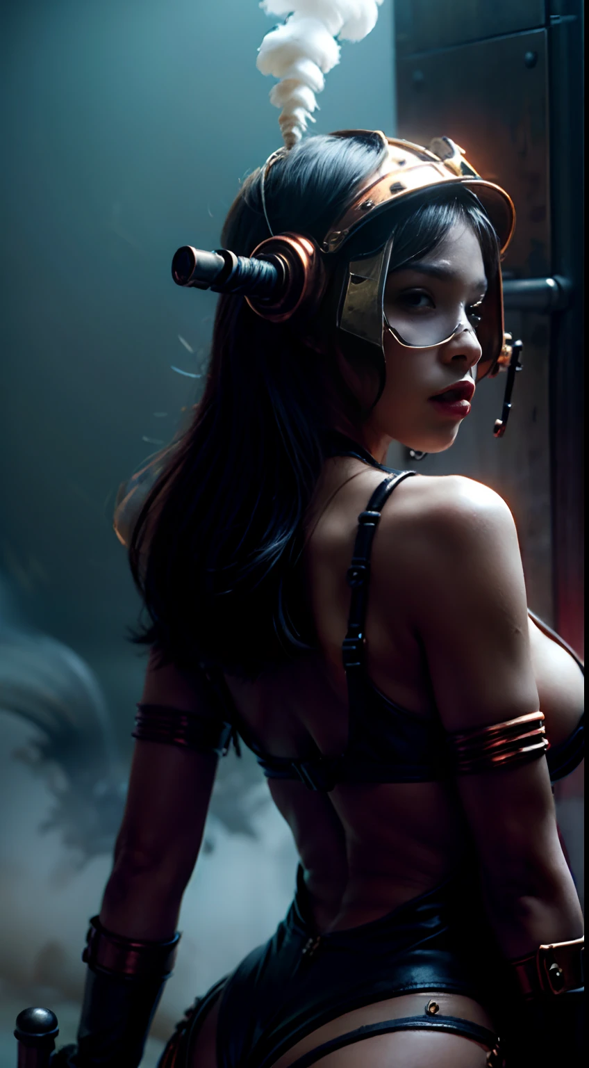There's a sexzy african woman with a steam-powered dusky skin, with big boobs,Royal look,helmet, arte conceitual steampunk, sexzy full body view, flying,Wojtek FUS, arte digital steampunk, detailed wild steampunk illustration, Portrait of a gold and copper mechanical woman in ass view, arte steampunk, estilo de arte dieselpunk, cyberpunk steampunk, estilo de fantasia steampunk, Arte digital altamente detalhada em 4k, sci-fi steampunk