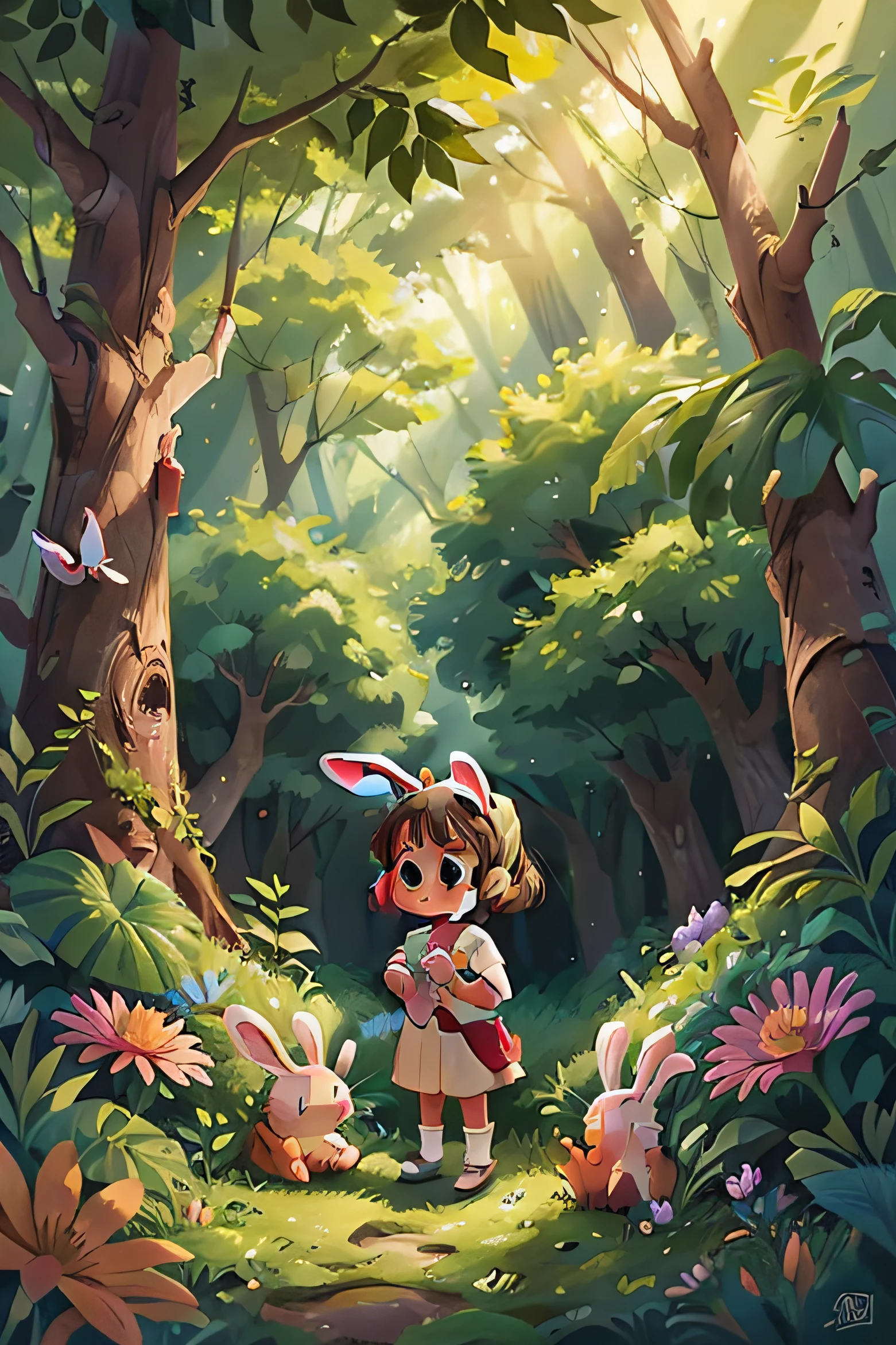6 year old girl in a forest, rabbit, flowers, tree