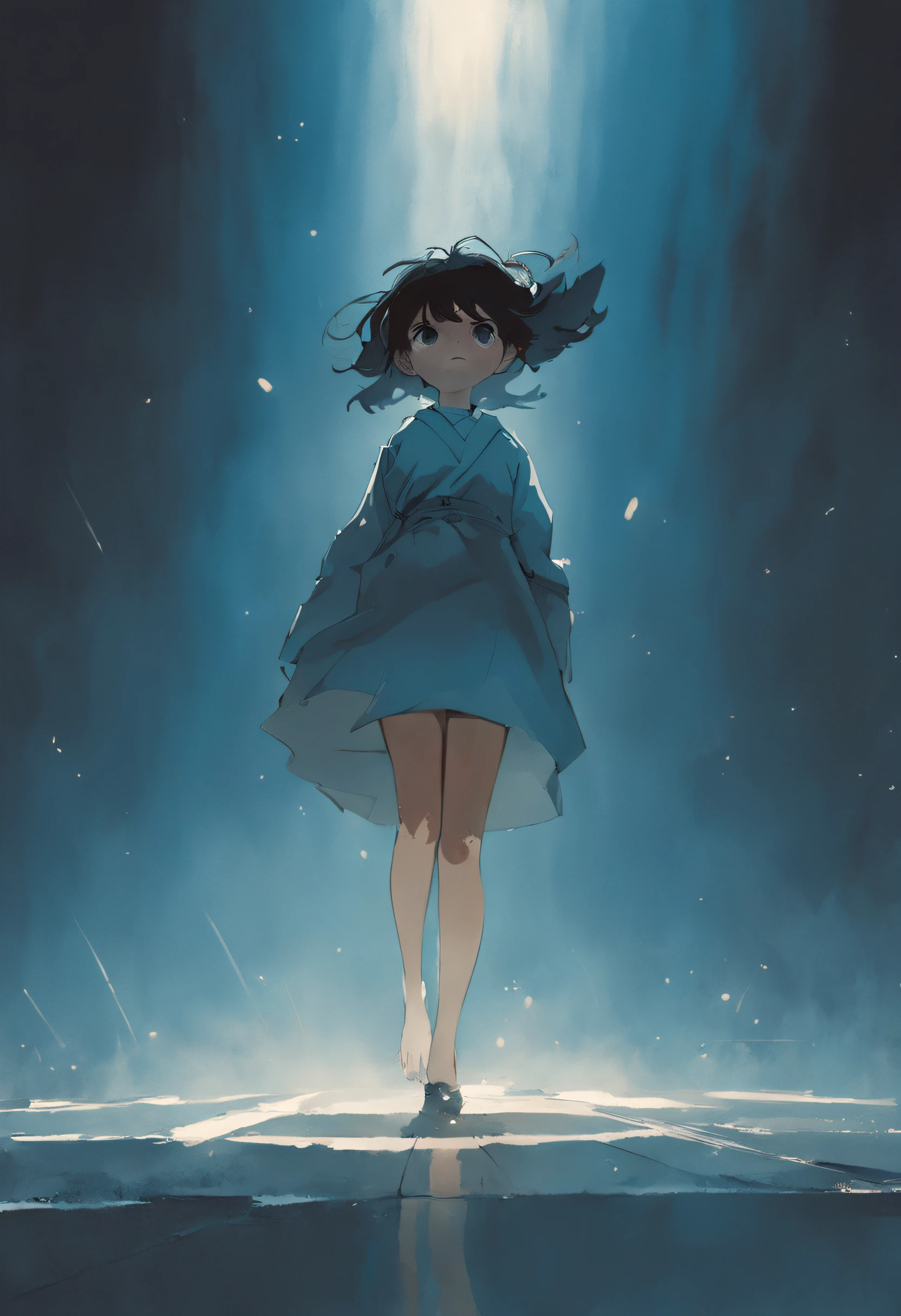 Uma menina correndo Uma sombra em Forma de andador, noite estrelada, Thick fog on the ground, Luz azul no horizonte, Motor Unreal 5, cinemactic, Low-angle photography, motion blur, profundidade de campo, dust, Cobblestones and dirt. Arte Splash, pingando tinta. Perfect color classification. influenciado por karel Appel e jeremy mann, Full of dramatic and threatening scenes, hiper-detalhado, Beautiful, detalhes insanos, detalhes intrincados, fotografia editorial, Fotografado com uma lente de 50mm, profundidade de campo, Tilt Blur, velocidade do obturador 1/1000, F/22. Mapas de luz, super brilhante