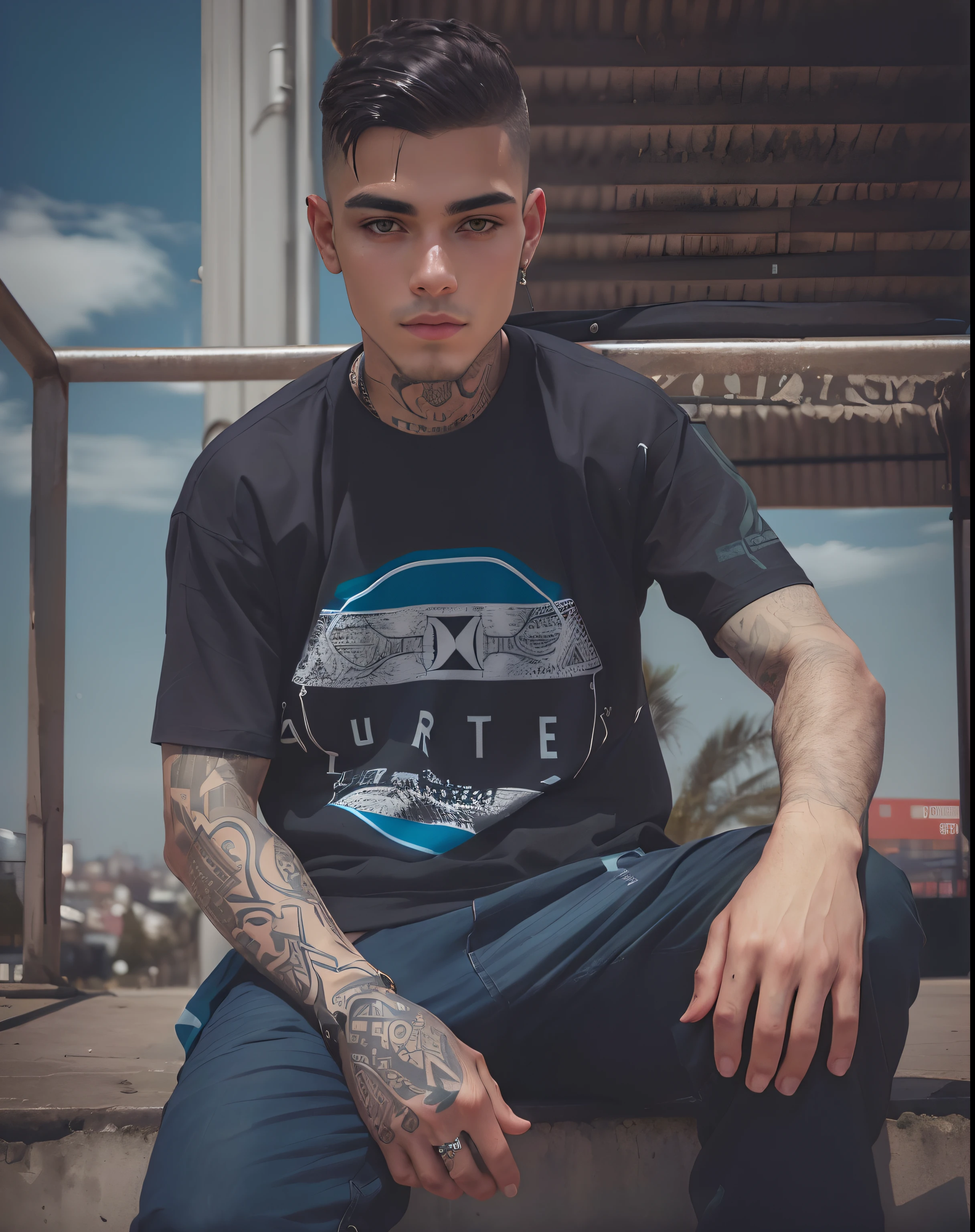 Man sitting on a step with a tattoo on his arm, outlive streetwear collection, vestindo roupas espaciais, Retrato no meio da foto, No estilo Jordan Grimmer, medium shot portrait, moda streetwear, roupas techwear, vestindo roupas urbanas, moda techwear, usando streetwear cyberpunk, inspirado em Vasile Hutopila, Usando tatuagens shipibo