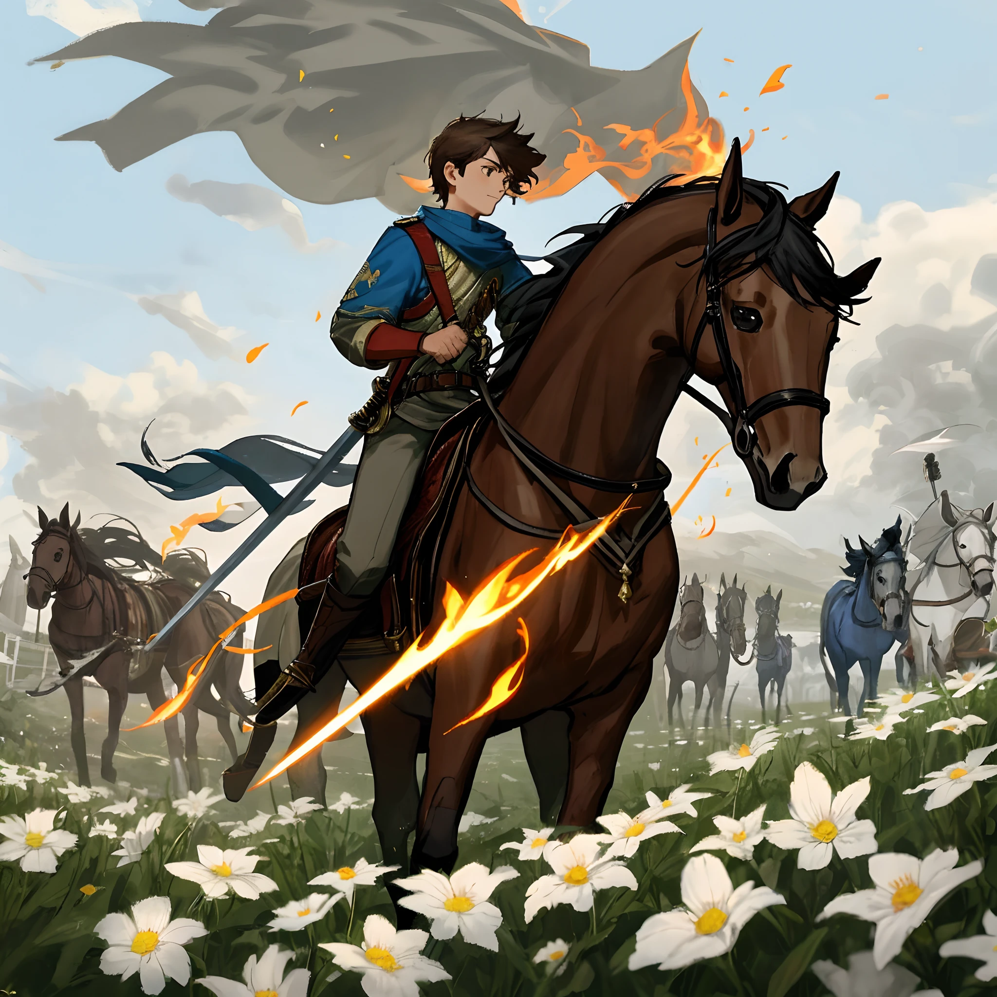 The teenager held the torch against the wind,The sword in the strategy is in the pocket,Horses and flowers to freedom