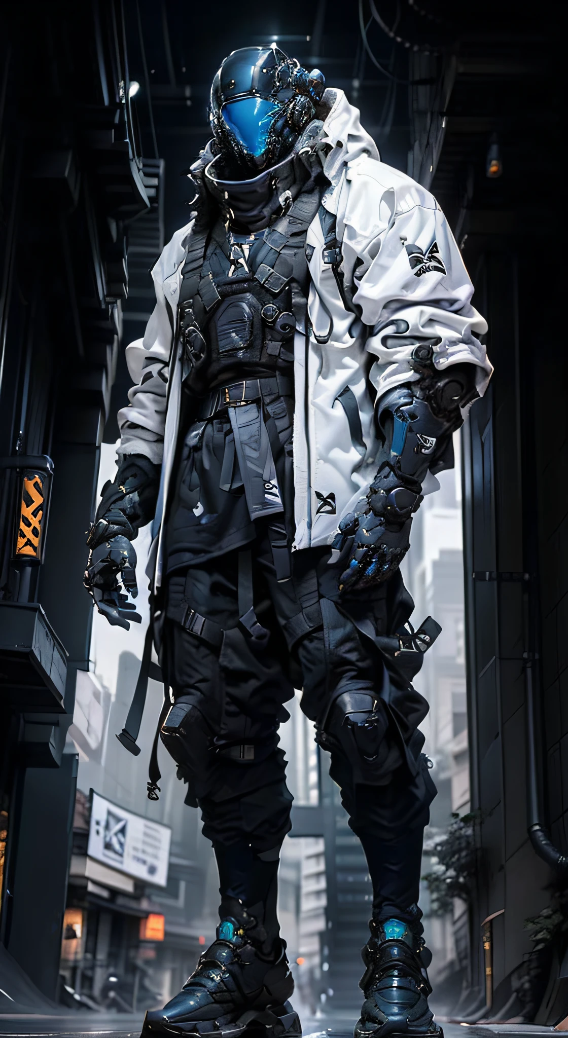 1man, a futuristic-looking man with a fantastic ((square cyberhelmet head with blue lights)), ((blue chrome mechanical arms)) and ((iron gray mechanical hands)), dressed in a ((blue techwear jacket)) and a ((black tactical trousers)), standing in cyberpunk city, face focus, UHD, anatomically correct, best quality, masterpiece, full body panel