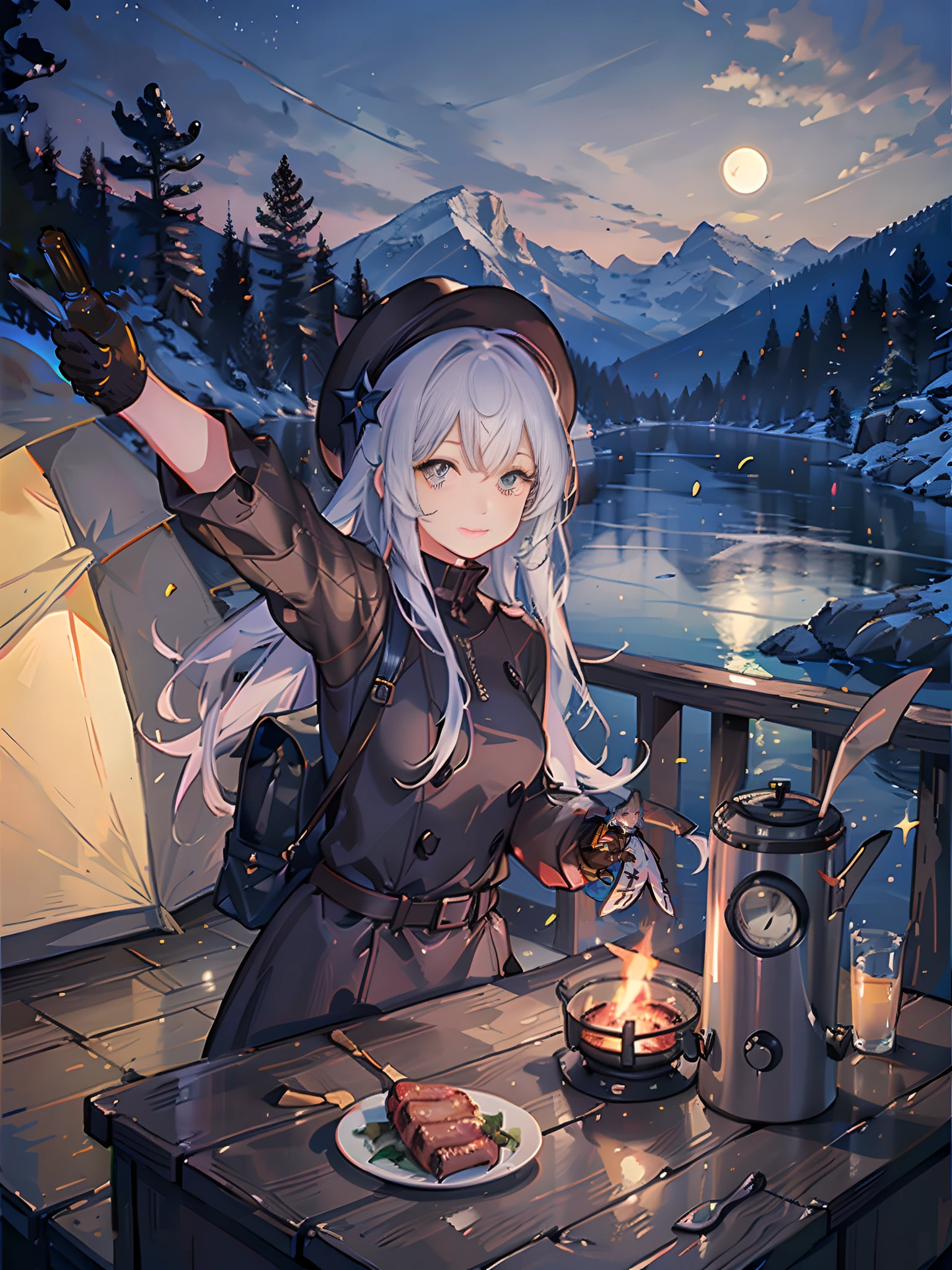 1 woman((upper body selfie, happy)), masterpiece, best quality, ultra-detailed, solo, outdoors, (night), mountains, nature, (stars, moon) cheerful, happy, backpack, sleeping bag, camping stove, water bottle, mountain boots, gloves, sweater, hat, flashlight, forest, rocks, river, wood, smoke, shadows, contrast, clear sky, analog style (look at viewer:1.2) (skin texture) (film grain:1.3), (warm hue, warm tone)