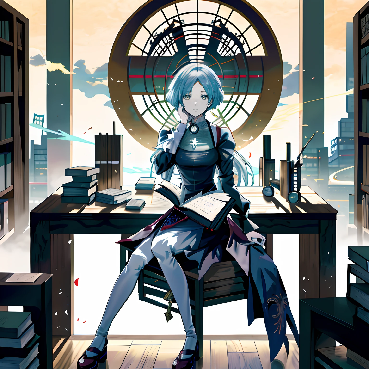 PremiumQuality，tmasterpiece，Blonde eyes, light blue short hair, anime girl sitting on library table reading a book, anime key visual of elegant, Best anime 4k konachan wallpaper, Angela, 2 b, From the Library of Ruins, Ruins Library CG, alchemist library background, fate grand order, offcial art, Ruined library style, inspired by Li Chevalier, The destroyed library world