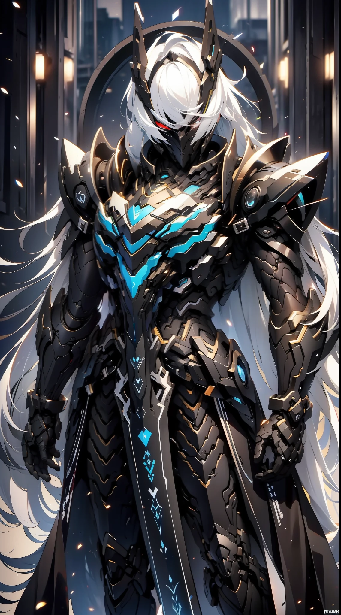 Cyberpunk knight with white hair, black helmet, black armor, holding a sword, 8k quality, 4k quality, masterpiece, award winning, best w