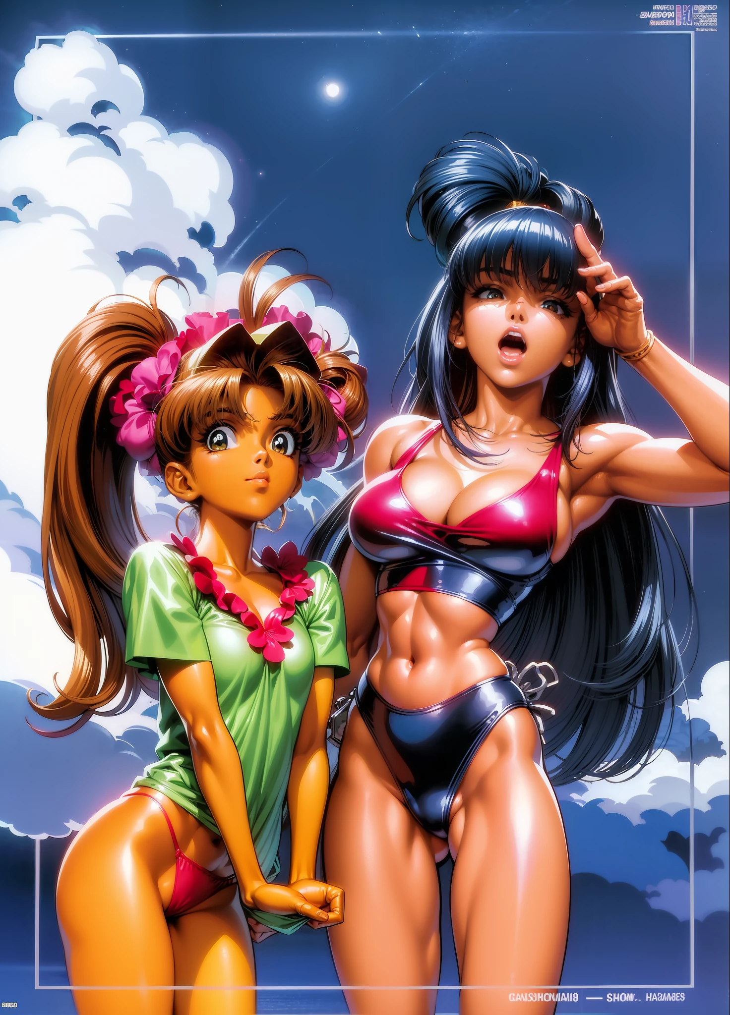 a close up of two women in bikinis standing next to each other, ikki tousen, style of masamune shirow, by Masamune Shirow, manga and anime 1990 high detail, gainax anime style, studio gainax illustration, 90's anime, 9 0's anime, 9 0 s anime art style