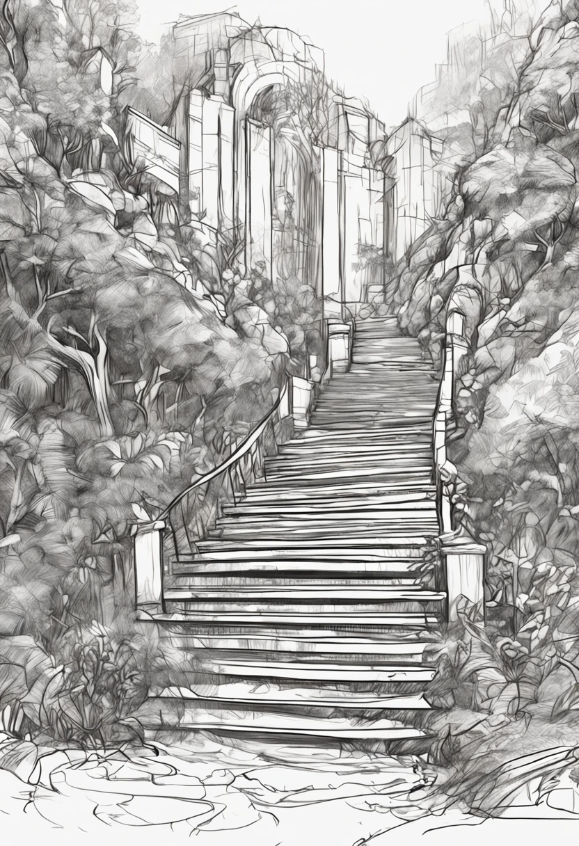 Drawing of a person walking up a set of stairs, Rough sketch, detailed but rough, secret overgrown temple, speedpaint, rough abstract sketch, old sketch, digital sketch, forest portal, sketchy artstyle, drawn in microsoft paint, entrance to ethereal realm, there are archways, speedpainting, torchan. Sketch, random background scene, quick sketch
