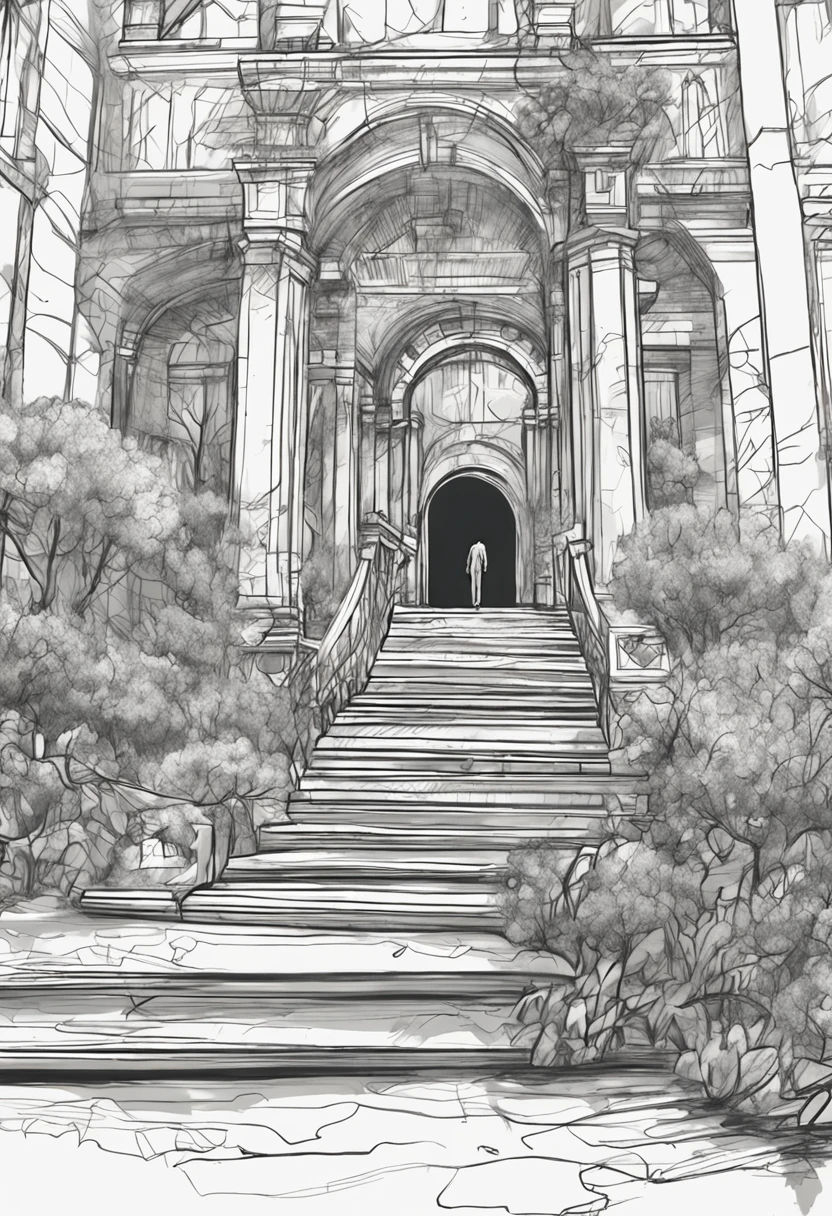Drawing of a person walking up a set of stairs, Rough sketch, detailed but rough, secret overgrown temple, speedpaint, rough abstract sketch, old sketch, digital sketch, forest portal, sketchy artstyle, drawn in microsoft paint, entrance to ethereal realm, there are archways, speedpainting, torchan. Sketch, random background scene, quick sketch