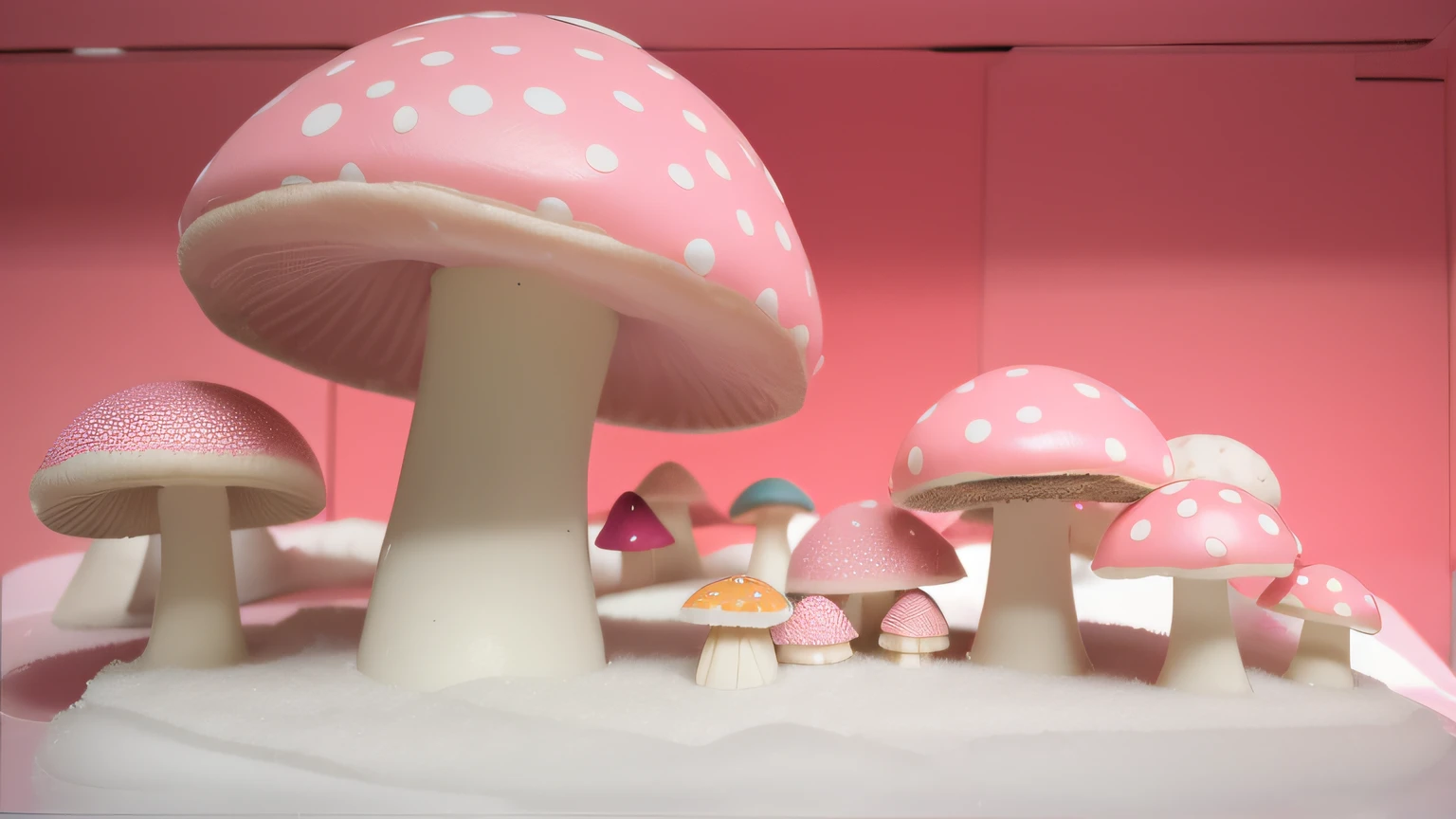 mushrooms pink . Maquete. mushrooms cor de pink. Neve branca. Pink cardboard box back.