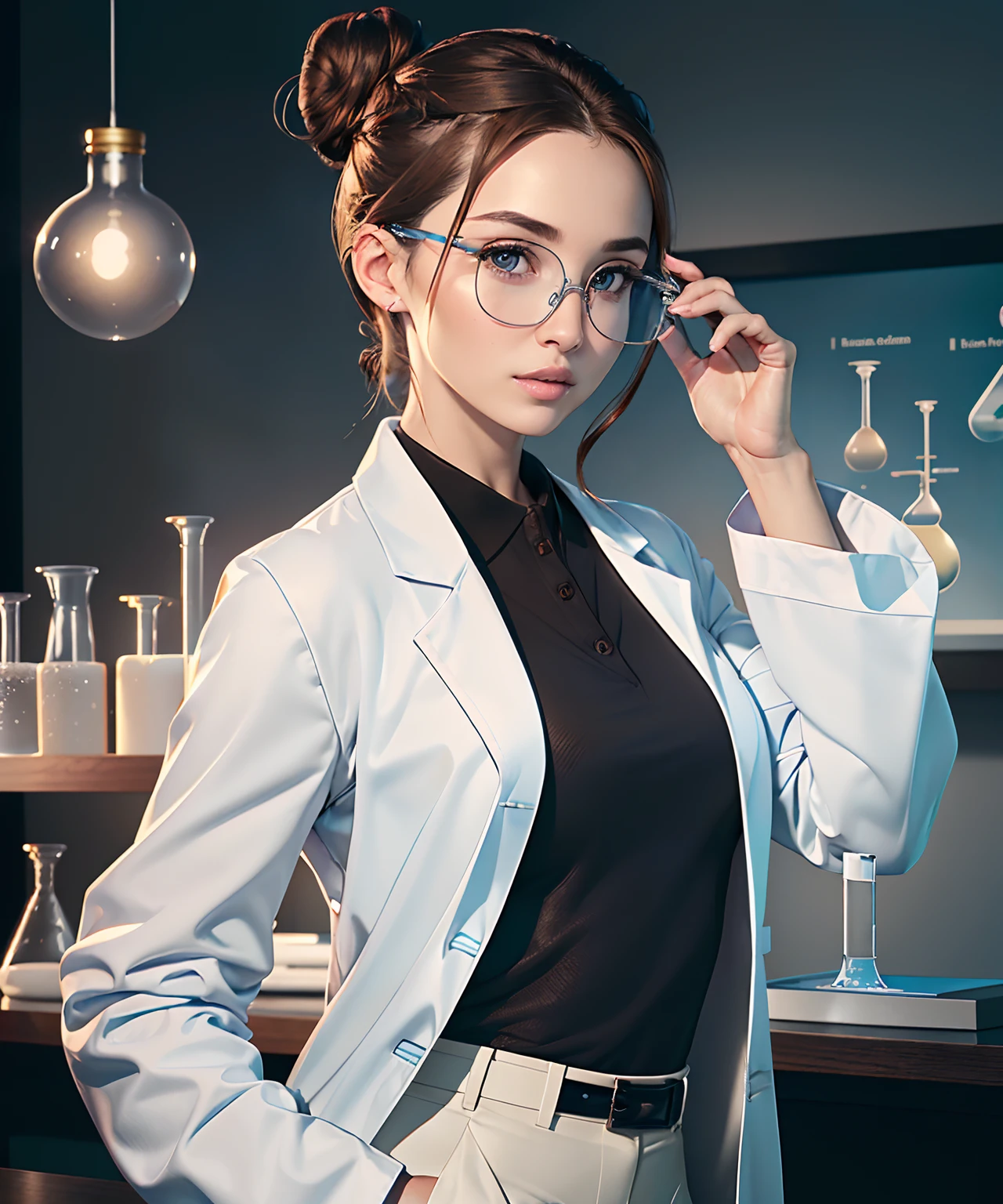 woman in her 20s, (perfect face), defined jawline, (beautiful brown eyes), beautiful lips, (brown hairbun hairstyle), (perfect hands), (light blue polo under white lab coat:1.2), (black pants), (thin round -frame glasses), looking at viewer, (medium shot photograph), (chemistry laboratory background), photorealistic