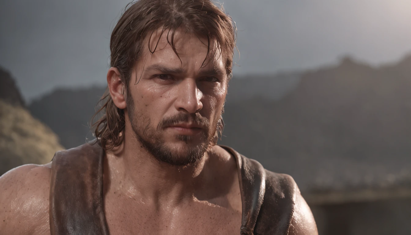 (Professional 3D rendering:1.3) de (Realistic:1.3) Foto de arte mais bonita do mundo,Features soft, bright male heroes, ((Epic hero fantasy rough muscular man wet hero angry look long darkblonde hair medium length beard and fierce expression in dynamic pose, fantastic location, majestoso ambiente desordenado)), corpo inteiro 8k unidade render, action shot, poros da pele, very dark lighting, sombreamento pesado, circunstanciado, Rosto detalhado, (vibrante, fotogrdeia realista, Realistic, Dramatic, Escuro, foco nítido, 8k), (Old leather clothes damaged by bad weather:1.4), ((((Use peles)))), (intrincado:1.4), decadente, (altamente detalhado:1.4), pintura digital, rendering by octane, art stations, Conceito-Arte, liso, foco nítido, illustration, germe da arte, (Loish:0.23), Wlop Ilya Kuvshinov, e Greg Rutkowski e Alphonse Mucha Gracias, (global ilumination, studiolight, Light Volumetric), chuva forte, floating particles, patife, fantasia, Onze, corpo inteiroesbian, ((Fundo escuro e antigo da cidade:1.3)),CGSesociedade,art stations