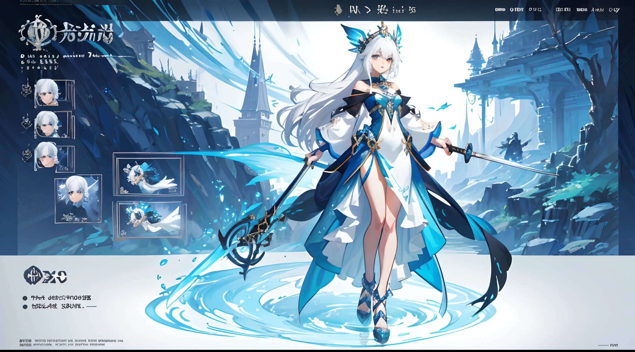 a picture of a woman with white hair and blue dress holding a sword, fantasy art style, trending on artstation pixiv, epic fantasy art style, fanart best artstation, water fairy, fantasy character design, fantasy style art, (high quality character design:0,5), detailed anime character art, character design art, detailed digital 2d fantasy art, Divine:1, better quality, 8k, full body, white background, solo, 1girl, expressive eyes, fish inspired clothes, ocean themed, Magic water elements