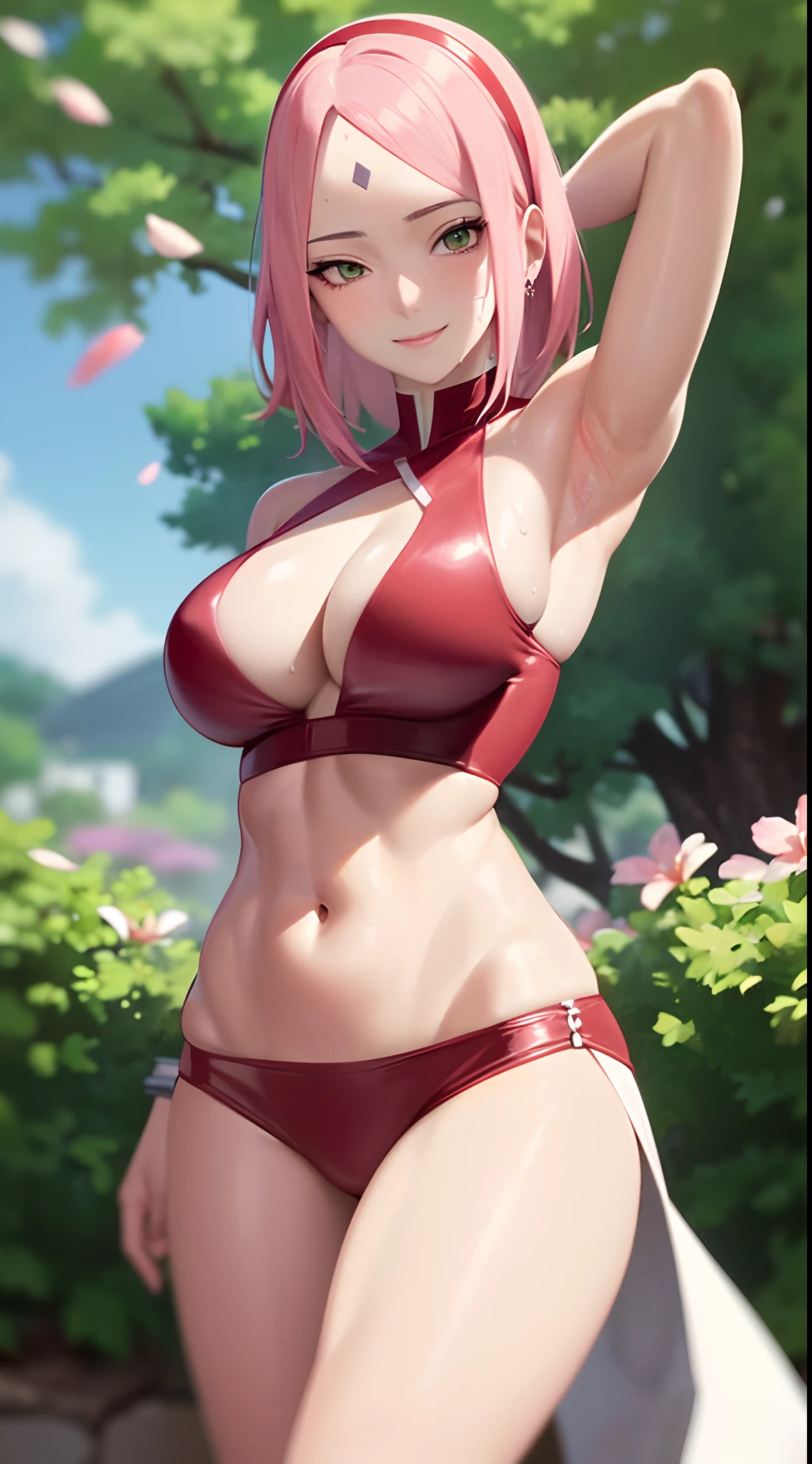 Realistic, Photorealistic,cowboy shot,masterpiece, absurdres ,1girl, haruno sakura, forehead mark, red hairband, red bra, white boxer, navel, groin, bracelet, looking at viewer, smile, cherry blossoms, private garden, wind, floating hair, sweating, large breast ,((wide hips)), toned body, detailed eyes, exposing armpits, sweaty armpits, armpit hair, muscular arms