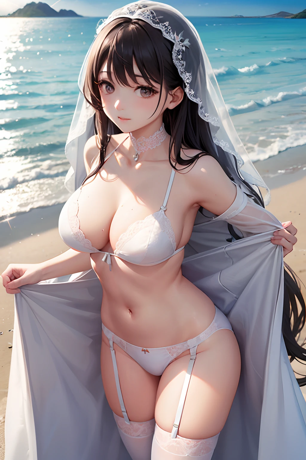 Woman Standing On The Beach With Gun, White underwear, white stockings,lace choker、garterbelts、Bridal Veil、Perfect Angle, , Beautiful One Woman, In the sun、