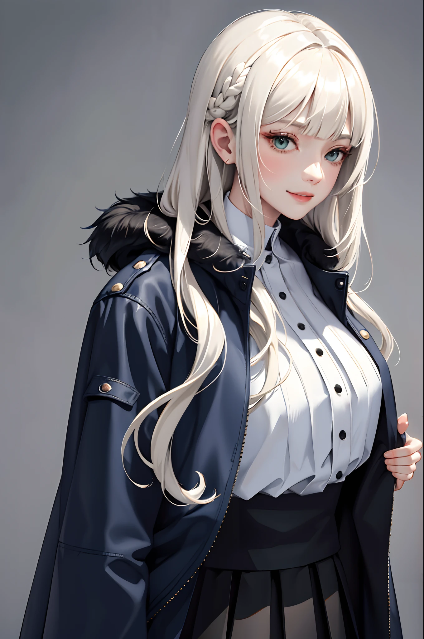 (masterpiece:1.2, best quality), (real picture, intricate details), 1lady, solo, upper body, casual, long hair, minimal makeup, natural fabrics, close-up face, smile, home, long light platinum blonde hair, bangs, wavy hair, voluminous hair, green eyes, big breasts, cold clothing, cute clothes, pleated skirt, black skirt, beautiful clothing, blue parkas, blue coat, coat with fur, blue coat white fur, bangs on forehead, Korean bangs, cute bangs, one long braid.