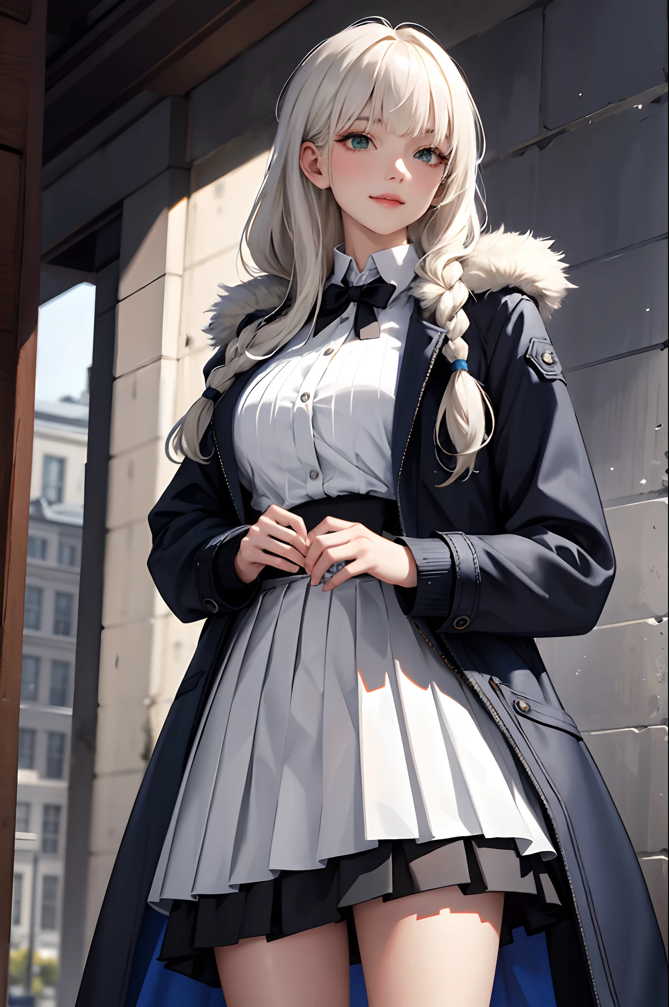 (masterpiece:1.2, best quality), (real picture, intricate details), 1lady, solo, upper body, casual, long hair, minimal makeup, natural fabrics, close-up face, smile, home, long light platinum blonde hair, bangs, wavy hair, voluminous hair, green eyes, big breasts, cold clothing, cute clothes, pleated skirt, black skirt, beautiful clothing, blue parkas, blue coat, coat with fur, blue coat white fur, bangs on forehead, Korean bangs, cute bangs, one long braid.