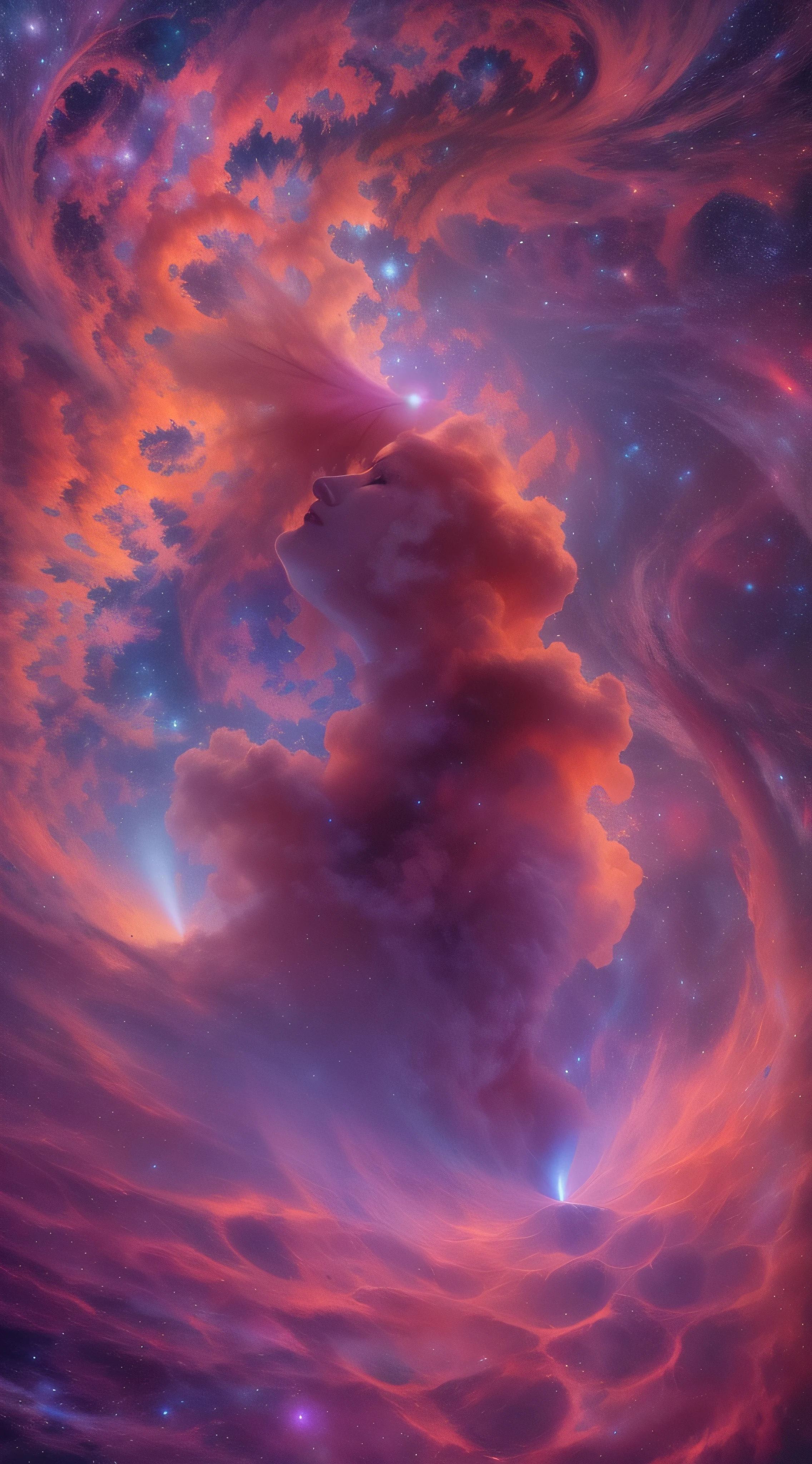 inconceivable and spectacular a scene of emergence of a figure from the glowing cloud, fractal nebula threads, cosmic entities, celestial, cosmic, vibrant and vivid, swirls, twirling, unrealistic, high contrast, symobolism, magical, mystical, mystifying, hyperrealistic, oversaturate, colorfully