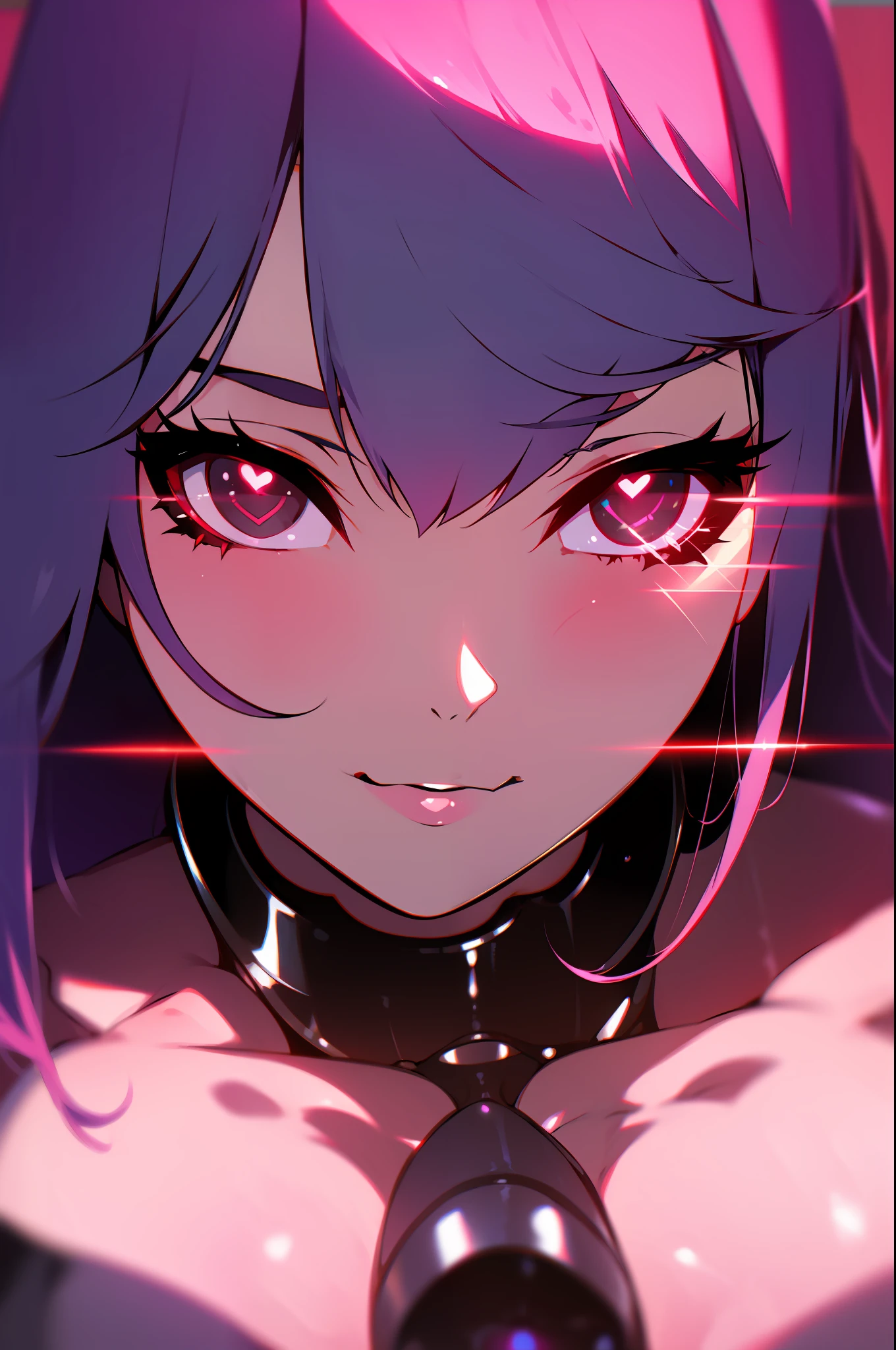 very close up of a sultry cyberchick waifu seductive look smile, seducing you  with red heart eyebeggin for affection and love beckoning you