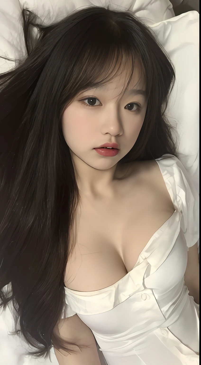 Highest quality、8k、masterpiece:1.3))、Beautiful woman、Big Breasts:1.3、Slim Abs:1.1、Long black hair、Sparkling purple eyes、Highly detailed face、Highly detailed lips、Fine grain、double eyelid、Nipples、Large areola、whole body、Spread your legs、Have sex、Thick pubic hair、Lie down in bed,Penis insertion、Have sex、Vaginal