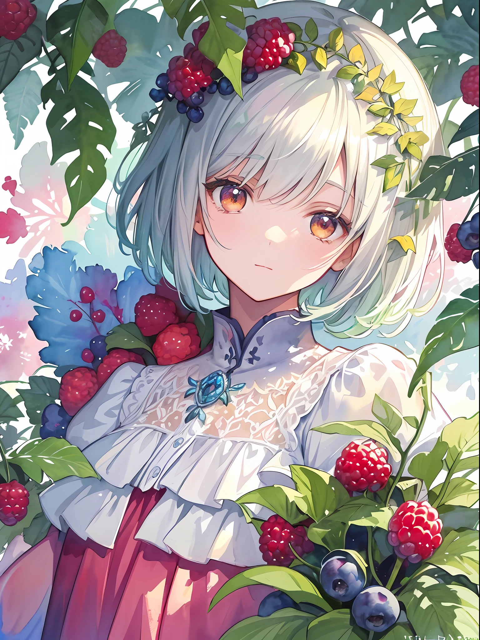 ((super detailed), #3b4195 background, beautiful flowers, berries, ferns, leaves, watercolor pattern of calming colors), (watercolor texture), ((1 girl), short hair, cute, pastel, looking at you