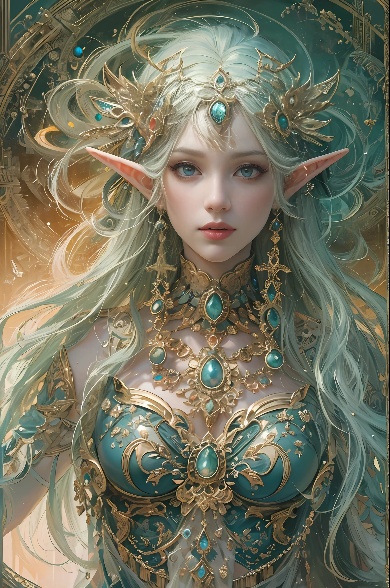 (masterpiece, top quality, best quality, official art, beautiful and aesthetic:1.2), (1 Elf girl), extremely detailed, ornate jewellery, long shapeless hair, (fractal art:1.3),colorful,highest detail.