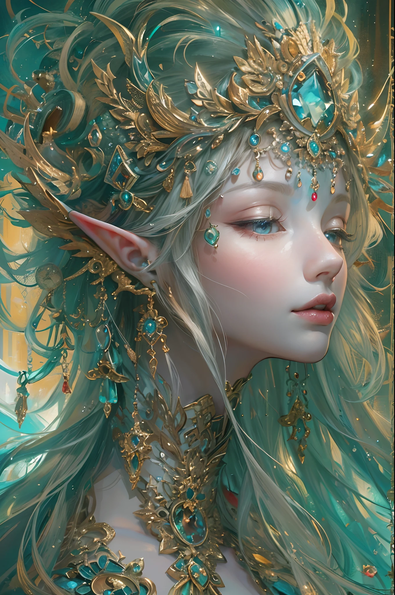 (masterpiece, top quality, best quality, official art, beautiful and aesthetic:1.2), (1 Elf girl), extremely detailed, ornate jewellery, long shapeless hair, (fractal art:1.3),colorful,highest detail.