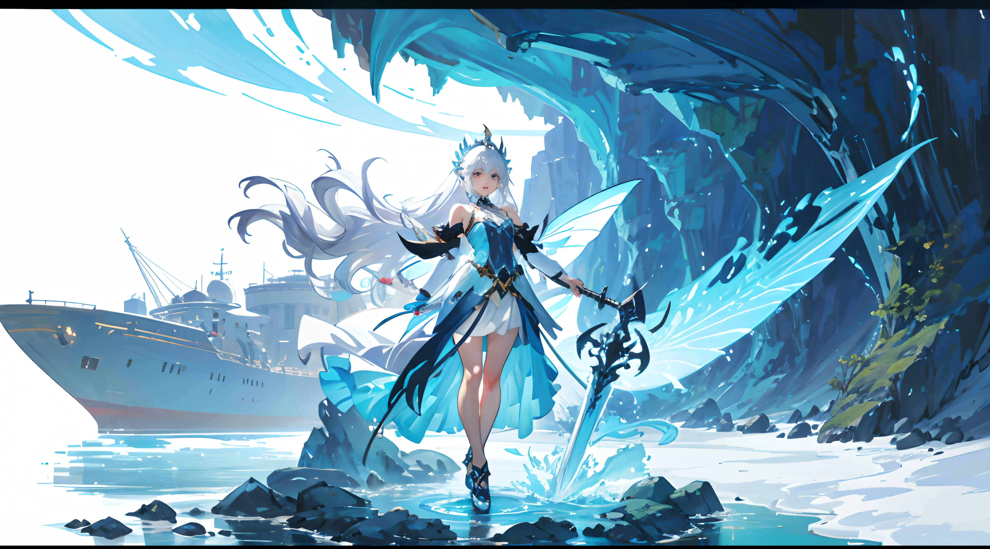 a picture of a woman with white hair and blue dress holding a sword, fantasy art style, trending on artstation pixiv, epic fantasy art style, fanart best artstation, water fairy, fantasy character design, fantasy style art, (high quality character design:0,5), detailed anime character art, character design art, detailed digital 2d fantasy art, Divine:1, better quality, 8k, full body, white background, solo, 1girl, expressive eyes, fish inspired clothes, ocean themed, Magic water elements