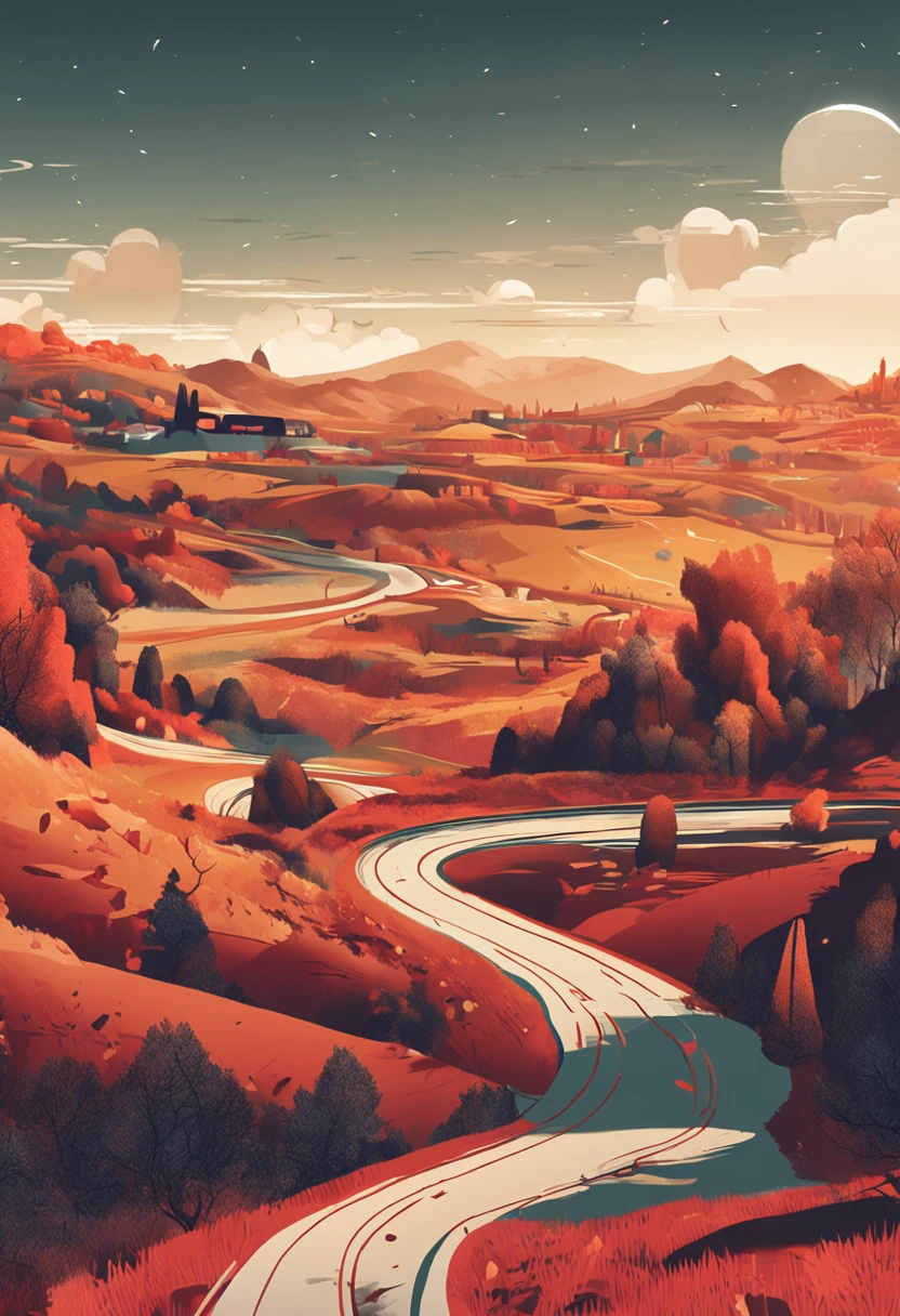 The cover highlights a winding road that stretches from the horizon to the foreground, flanked by tall trees and dense forests. Near the road, there is an old open book, whose pages metamorphose into abstract shapes. The scene is illuminated by the spill of sunlight. The artwork is an ultra-realistic digital representation, characterized by warm and rich tones such as red, golden, and various shades of brown, soft volumetric lights (retroiluminação: 1.3), (kinematics: 1.2), detalhes intrincados
